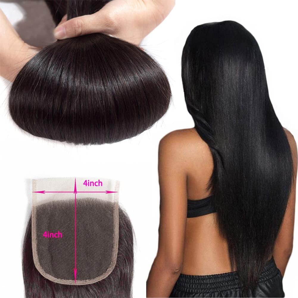 INLUV Straight 4x4 Lace Closure Only Three Part Lace Frontal Closure Unprocessed Brazilian Human Hair Closure HD Transparent Swiss Lace Closure with Baby Hair Natural Black Color (14 inch)
