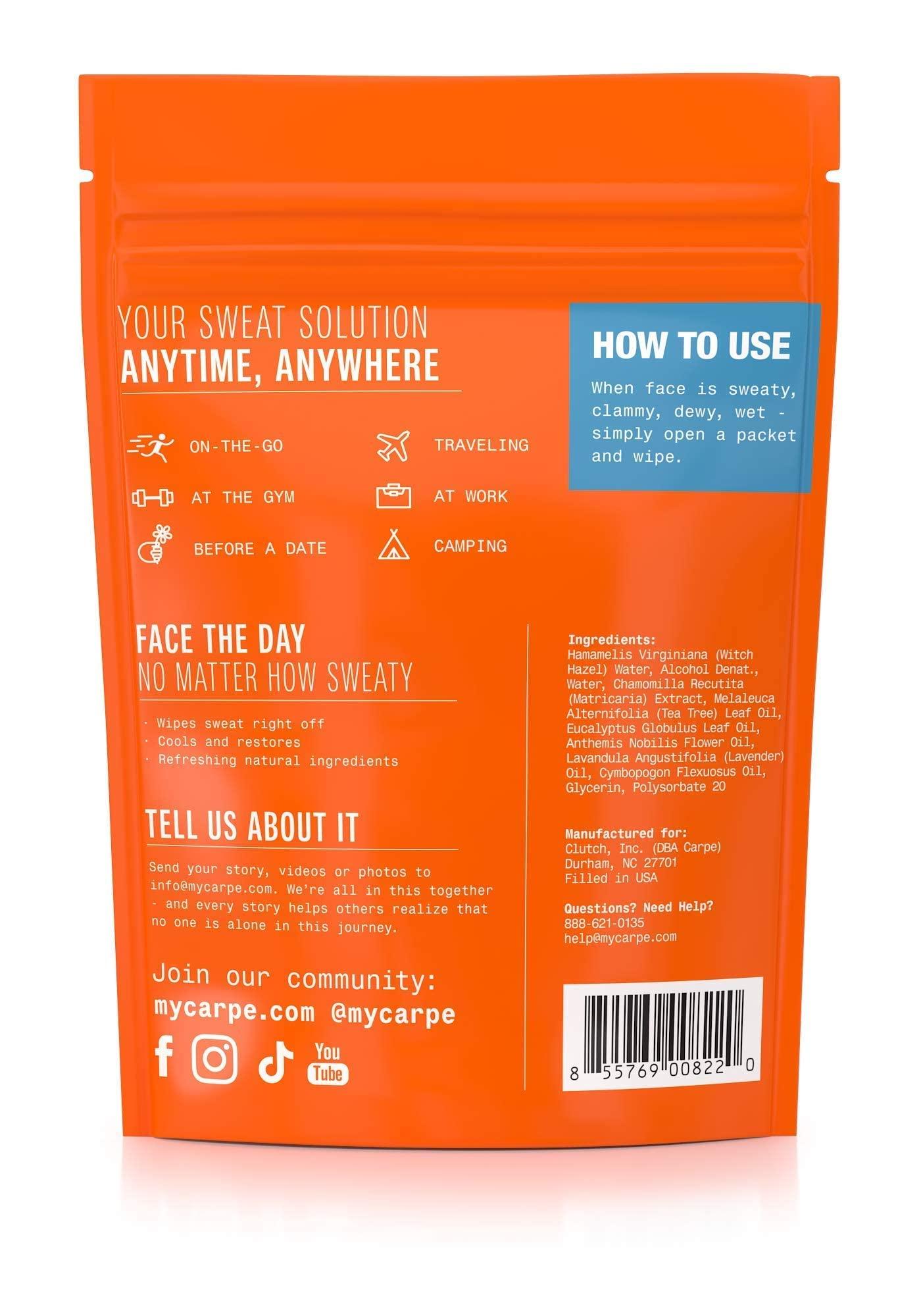 Carpe Carpe Sweat Absorbing Face Wipes (15 Facial Wipes). Witch Hazel & Tea Tree Oil Wipes Infused with Eucalyptus. Energizing, Refreshing, and Soothing. Sweat and Oil Control