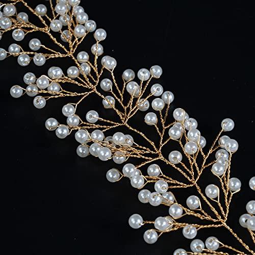 Xerling Xerling Brides Pearl Hair Vine Gold Headband for Girls Crystal Hairband Hair Accessories Wedding Bridal Head Piece for Women (Gold)