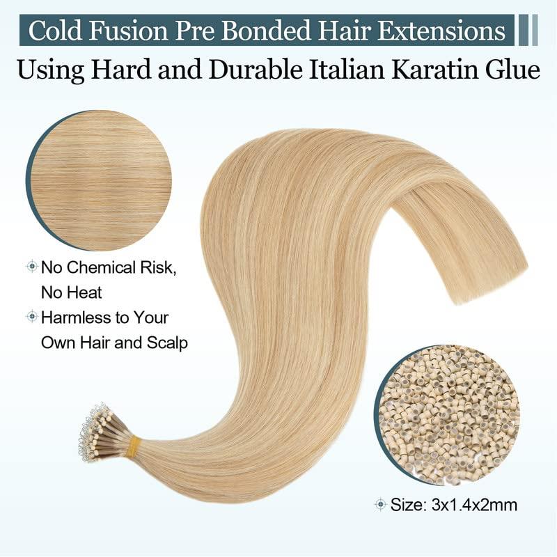 TESS Nano Ring Hair Extensions Human Hair,TESS Nano Tip Hair Extensions Human Hair,Pre-Bonded Nano Bead Extensions Human Hair,Nano Bead Hair Extension #18P613 Ash Blonde&Bleach Blonde 50g 50strands 18 Inch
