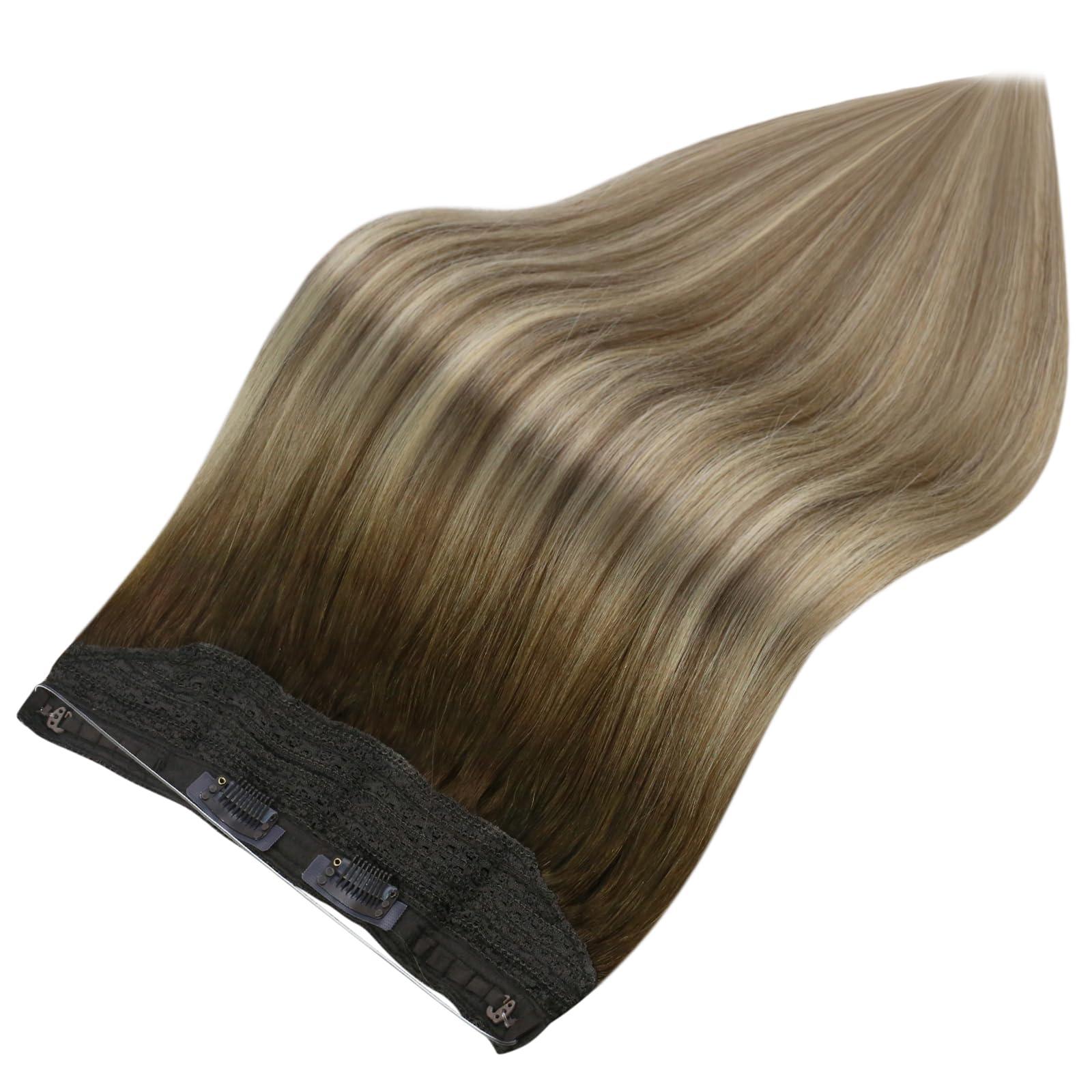 Fshine Fshine Invisible Wire Hair Extensions Real Human Hair 14 Inch Wire Human Hair Extensions Balayage Walnut Brown to Ash Brown and Butter Blonde One Piece Hair Extensions Clip in Human Hair Remy Hair 70g
