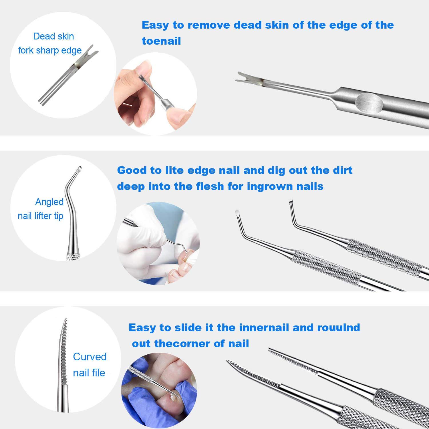 EODIEBN Ingrown Toenail Pedicure Tool Kit Nail File and Nail Lifter Pusher Double-Sided Nail Manicure Kit Stainless Steel Nail Care, Tools Pain Relief (6PCS)