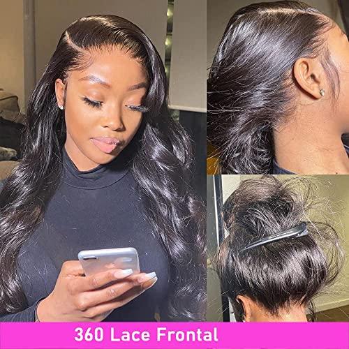 Caijuxing 16 Inch 360 Frontal Closure Body Wave 360 Lace Frontal with Bangs Baby Hair 360 Full Lace Frontal 100% Remy Human Hair 150% Density Natural Color 360 Frontal