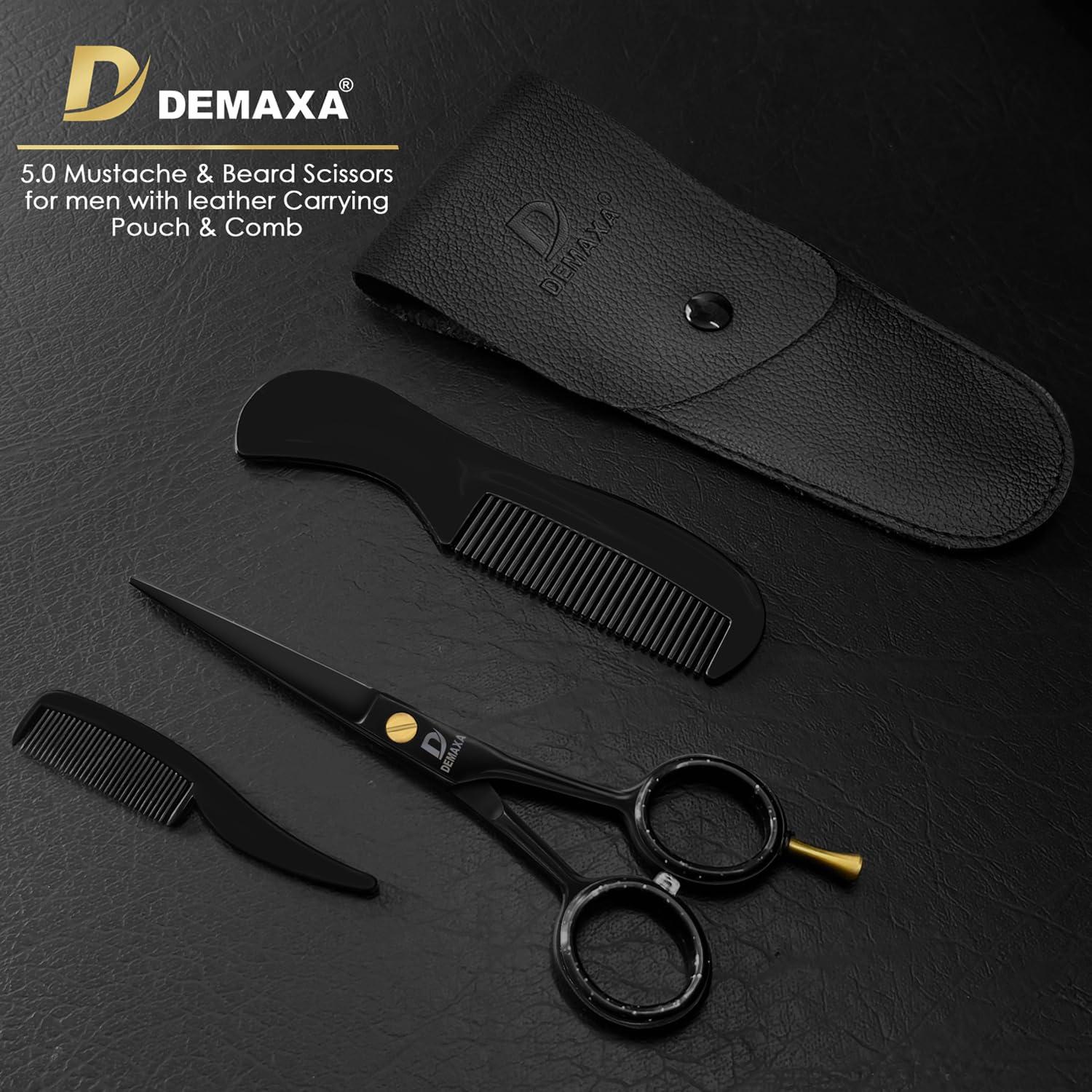 DEMAXA DEMAXA 5\" Professional Beard Mustache Scissors with 1 Mustache Comb, 1 Beard Comb & Soft Pouch Prefect Beard Trimming Scissors for All Facial Hair Scissors Grooming Scissors Men (Black)