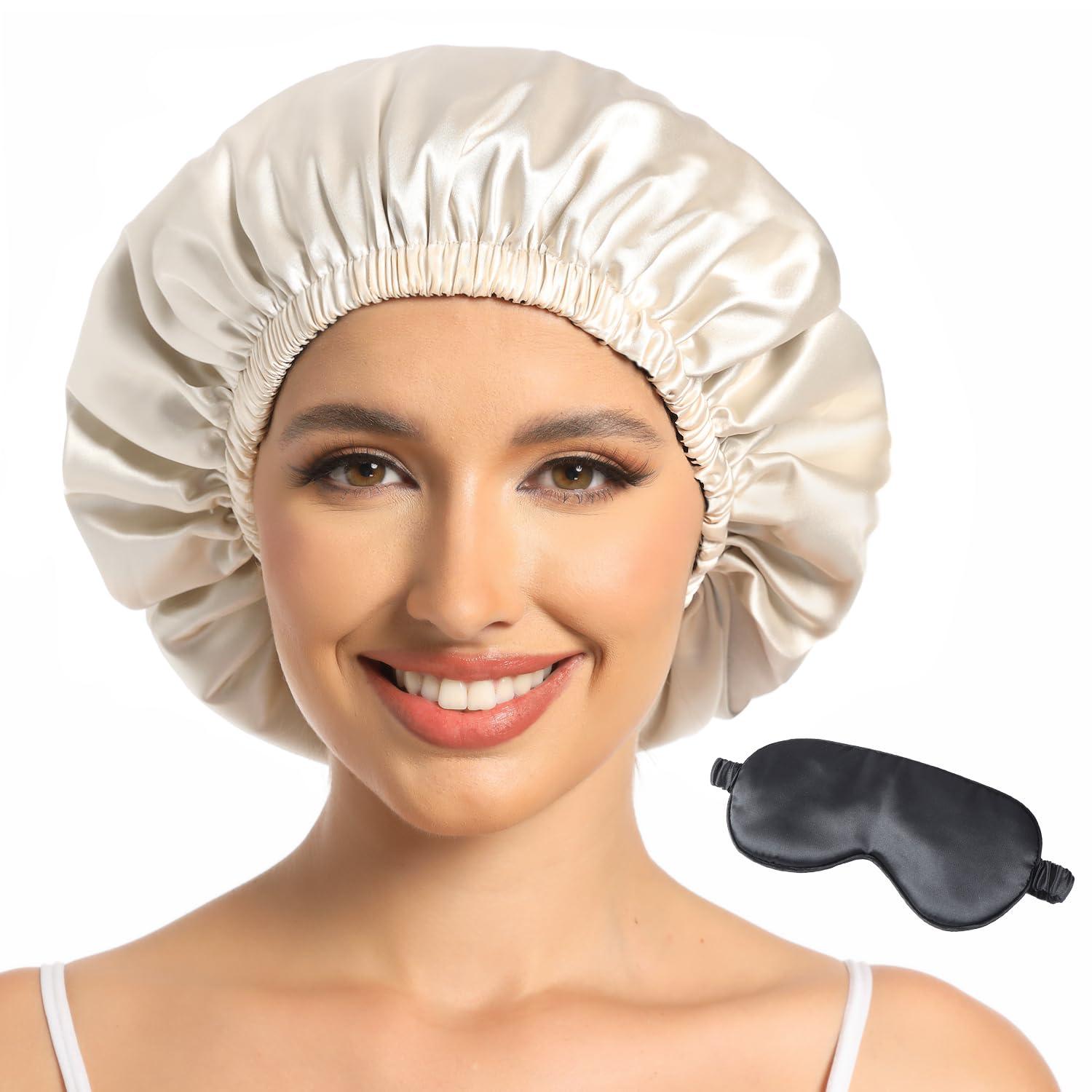 Hat Hut Hat Hut Satin Bonnet Silk Bonnet for Sleeping Hair Bonnet for Sleeping Cap for Curly Hair Wrap Reversible Satin Bonnet (Champagne/Black)