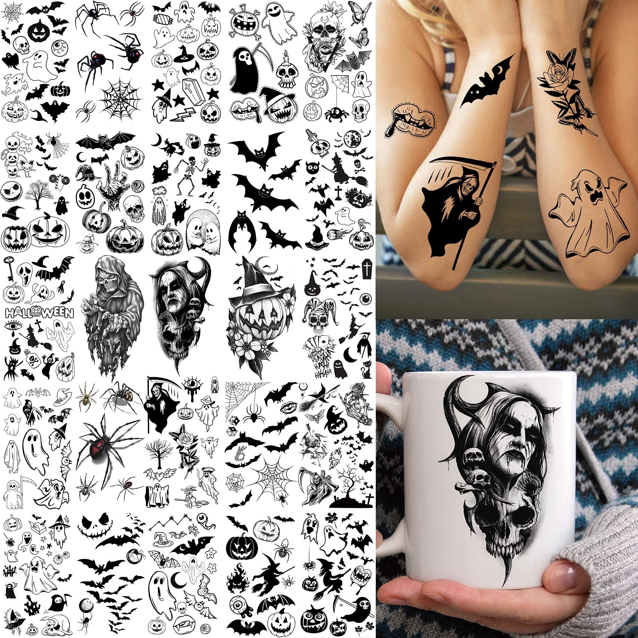 Shegazzi Shegazzi 52 Sheets Halloween Temporary Tattoos For Kids Boys Girls Women Men, 3D Scary Skull Skeleton Fake Tattoos Sticker For Adults, Small Ghost Vampire Bat Pumpkin Spider Temp Transfer Tatoos Devil