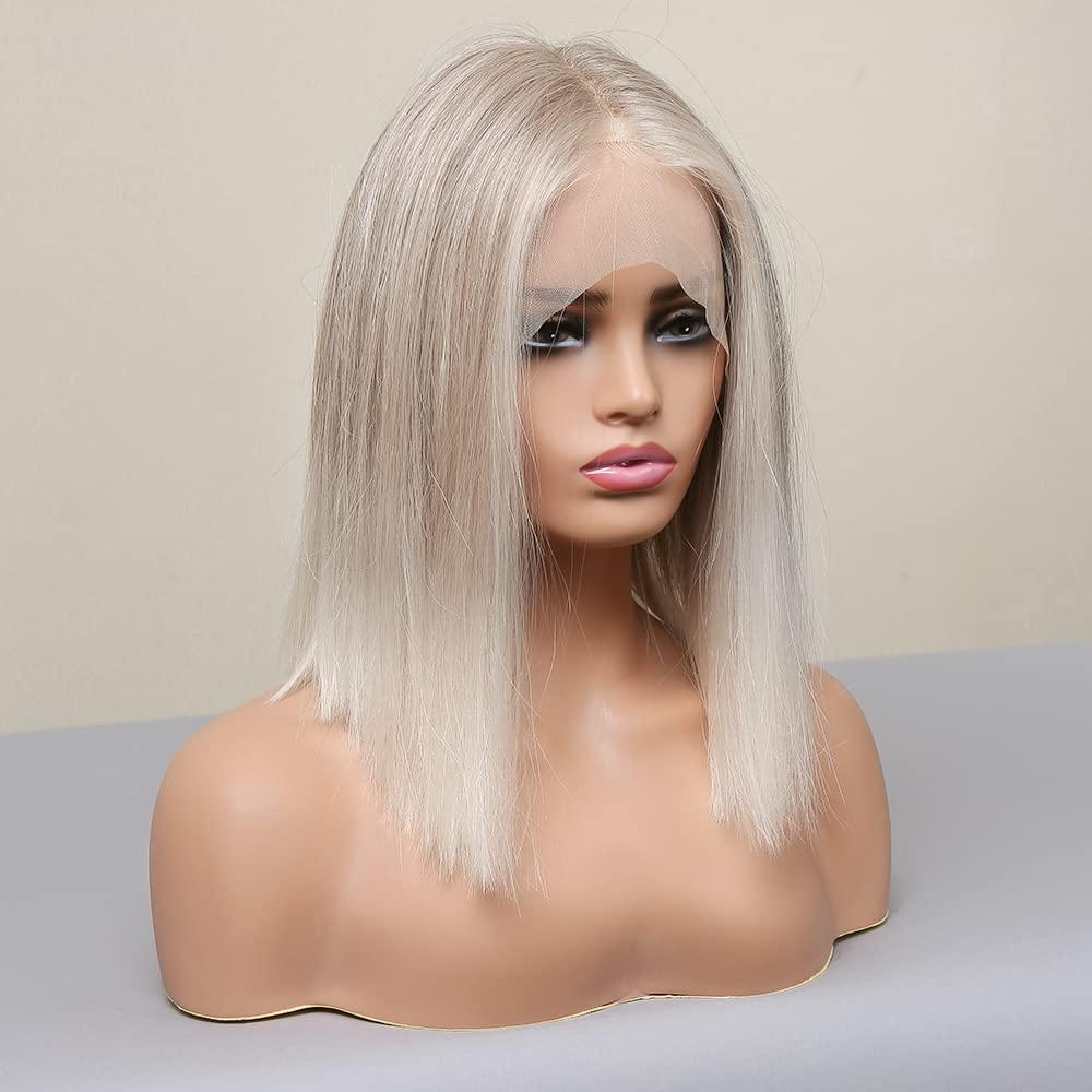 vedar vedar Ombre White Blonde Bob Wigs, Synthetic Hair Short Blonde Lace Front Wig with Highlight, Short Bob Wigs for Women, 12 inch VEDAR-096