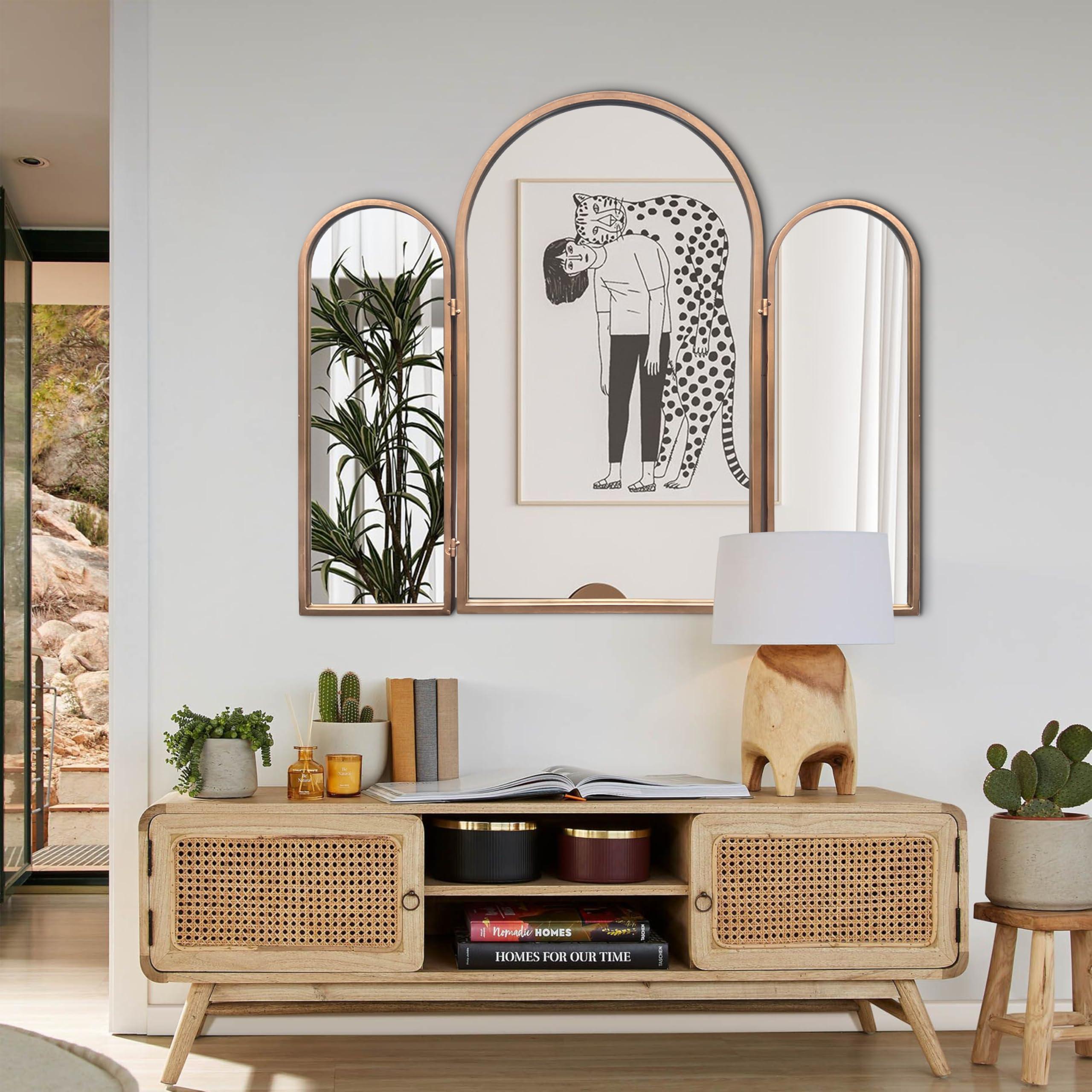 BAODANFU BAODANFU 3 Way Mirror Bathroom, Trifold Vanity Mirrors for Bathroom Bedroom, Large Arch Mirrors Decorative Vintage Gold, Adjustable Makeup Mirror for Braiding Hair 360 Way Tabletop & Wall Mounted