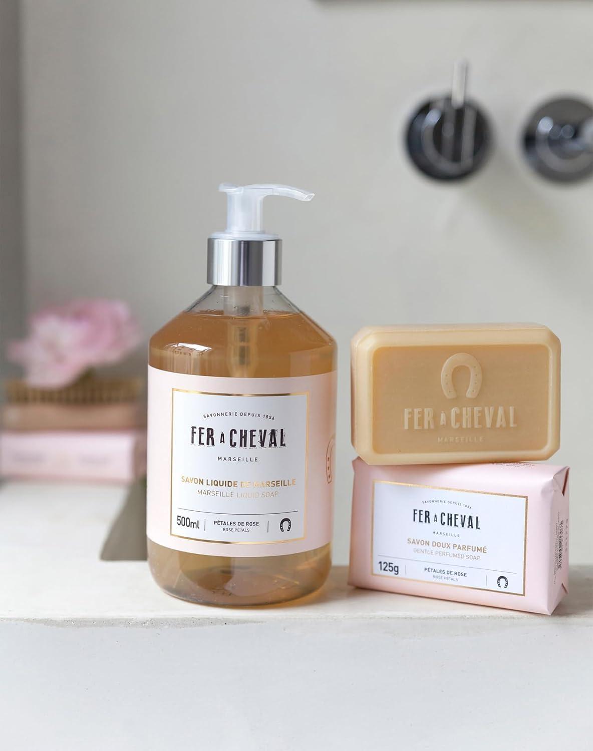 Fer a Cheval Fer Cheval Luxurious Tender Rose Gift Set | Pure Olive Oil Soap 100g/3.53oz, French Hand Cream 30ml/1.01Fl Oz, Moisturizing Bar Soap 125g/4.41oz, Liquid Marseille Soap 500ml/16.9 Fl Oz