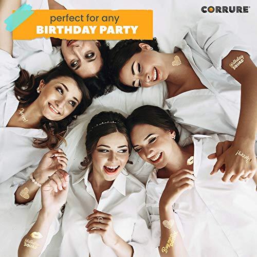 CORRURE CORRURE 48pcs Birthday Tattoos - Gold Temporary Tattoos Metallic for Women and Men - Happy Birthday Squad Tattoos for Girls, 18th 21st 25th 30th or Any Adult Bday - 11 Flash Party Tattoos
