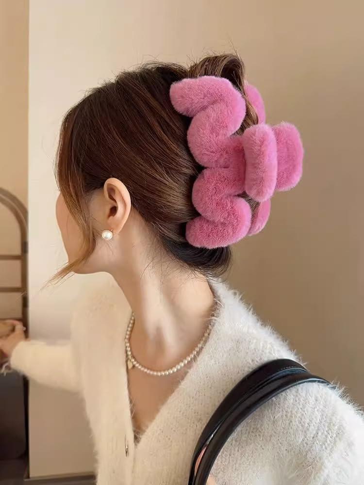 RRRWEI 3pcs 5.1Inches Faux Fur Hair Clips,Large Fuzzy Claw Clip for Thick Thin Hair,Preppy Claw Clips Fluffy Hair Clip for Women Girls (3PC -4)