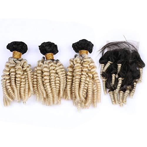 Generic #1B/613 Ombre Aunty Funmi Hair Bundles with Closure Blonde Ombre Bouncy Curly Brazilian Human Hair 3 Bundles with Closure Funmi Curly Ombre Blonde Lace Closure 4x4 with Weaves (26 26 26 with 24)