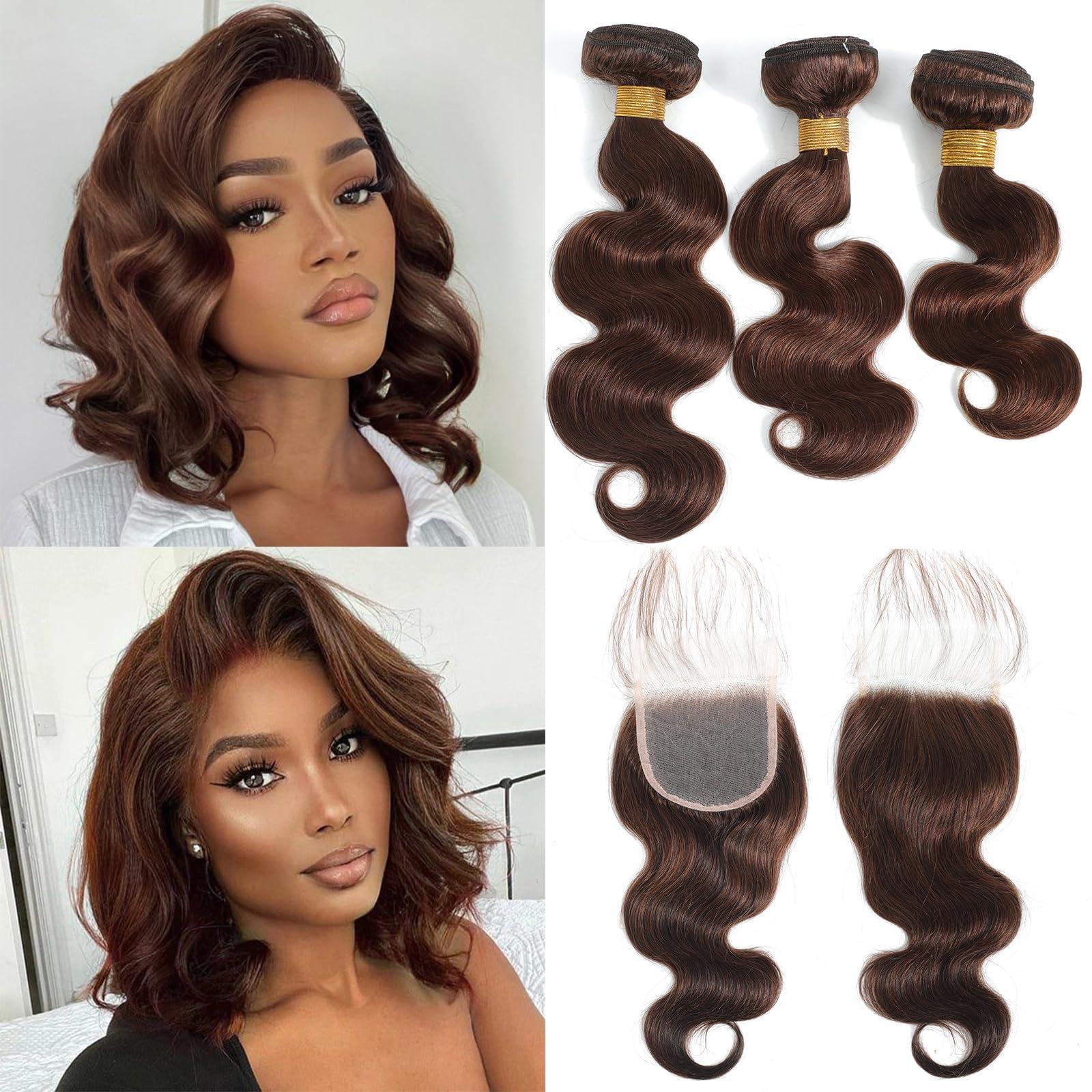 Kapelli Hair Kapelli Hair Brazilian Body Wave Bundles with Closure (12 14 16+12) 10A Light Brown Body Wave Human Hair Bundles with Lace Closure Brazilian Virgin Hair 3 Bundles with Lace Closure with Baby Hair
