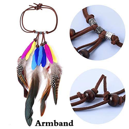 Barode Barode Boho Peacock Feather Headband and Armband Hippie Tassel Hairband Indiana Headdress Party Prom Decoration Hair Accessories for Women and Girls(set of 2) (Beige)