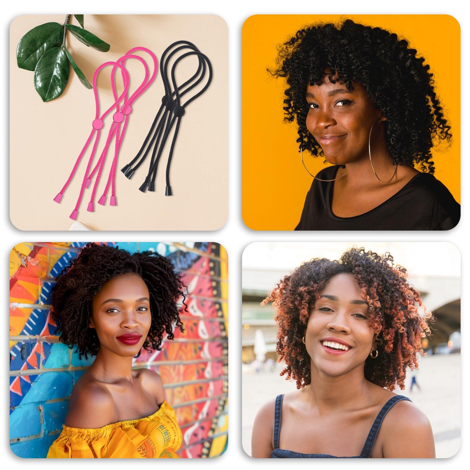 Abeillo 6 Pcs Long Adjustable Hair Ties for Thick Hair, Afro Puff Ponytail Ties for Natural Curly Hair, Afro Hair Accessories for Women Hair Bun, High Puff and Updos (Black, Pink)