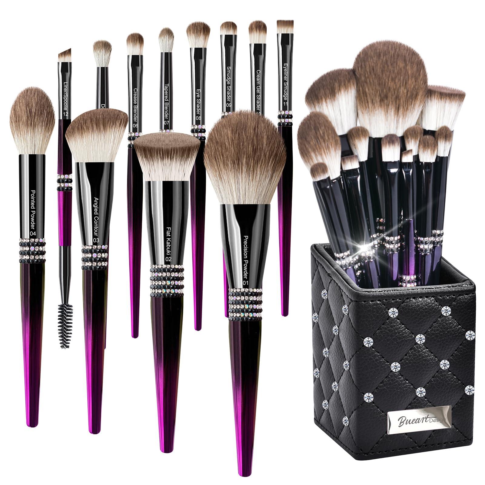 Bueart Design Bueart Design 12PCS Ultra Soft Labeled Makeup Brushes Set with HOLDER case Cosmetic make up brush set (12Pcs Black Rose Red+Holder)