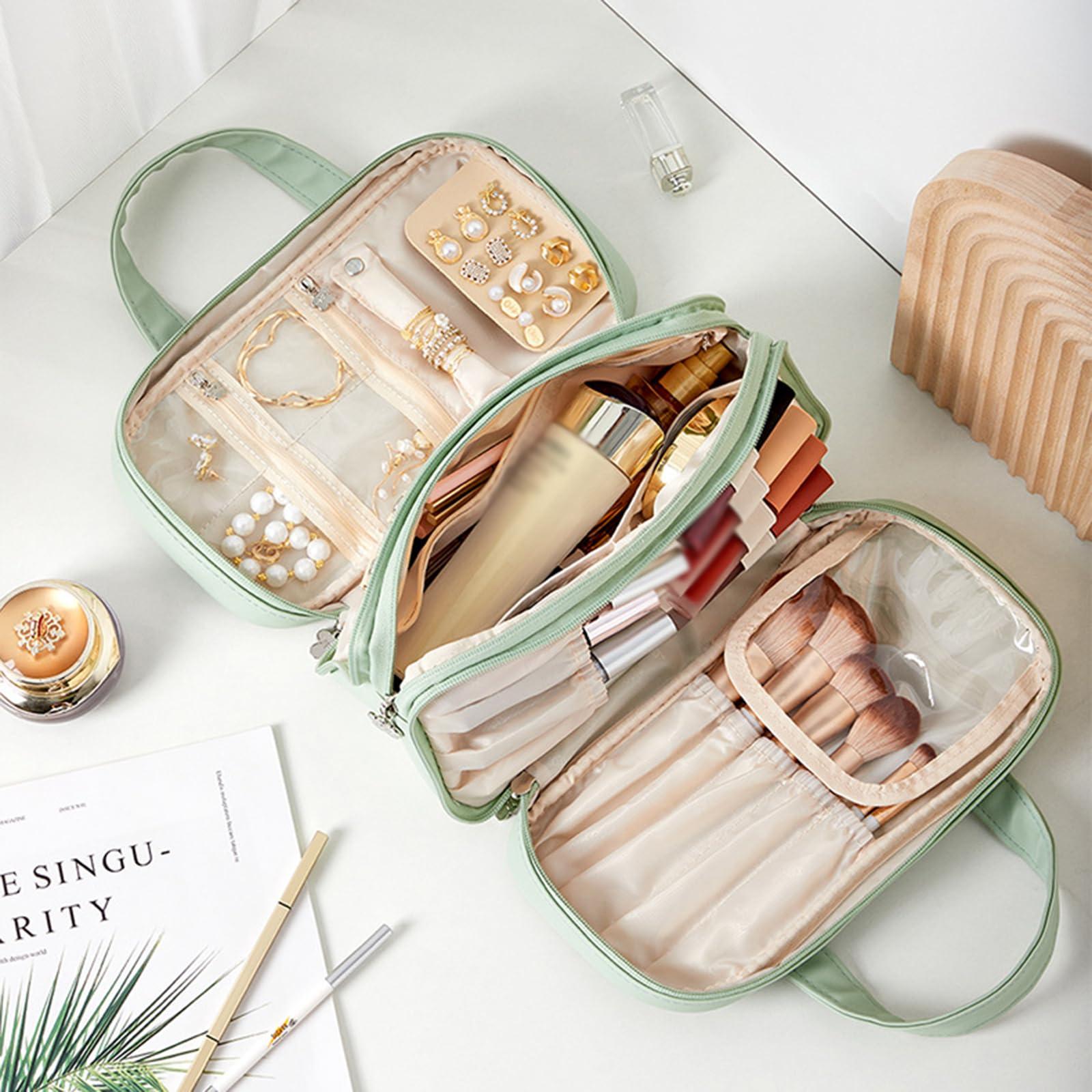 HACLEN Leather Cosmetic Bag, Makeup Bags for Women, Vanity Bag Travel Large Toiletry Bag Make Up Bag with Handle and Divider,Blue