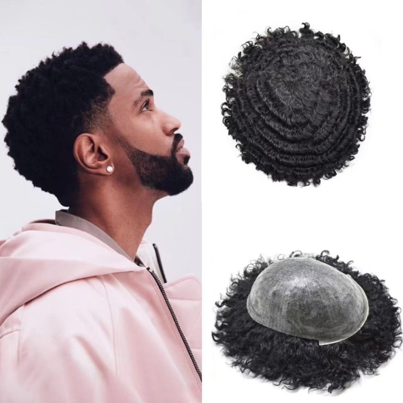 Hair Wonders Afro Toupee For Black Men Poly Skin Man Weave Hair Unit Black Men Mens Toupee Human Hair Kinky Curly Hair Toupee For Men African American Afro Toupee Gray Black Hair (1# JET BLACK-14mm afro wave)