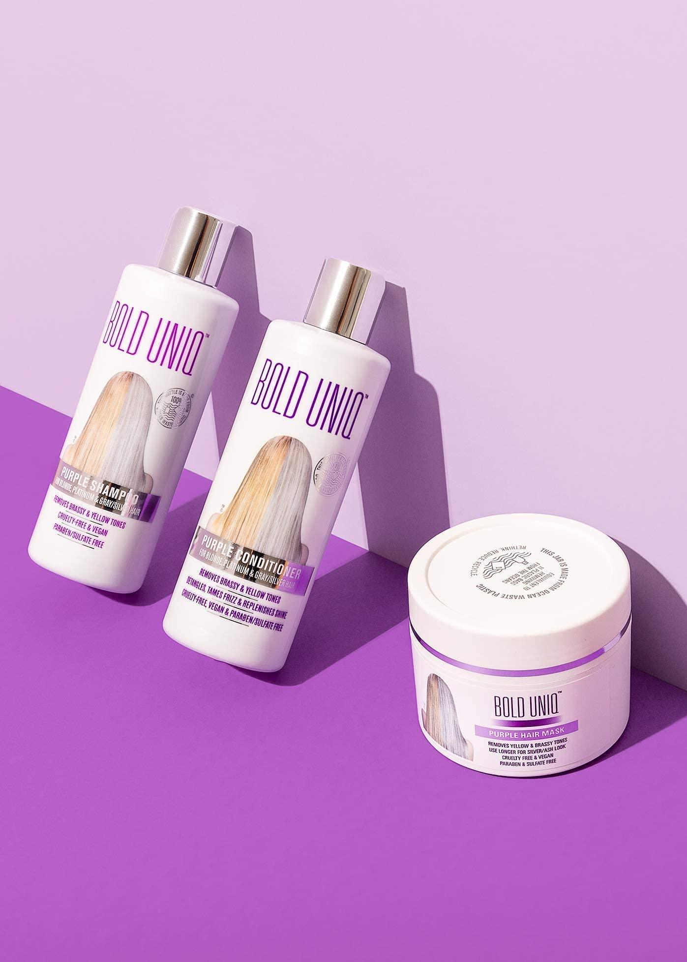 BOLD UNIQ Bold Uniq Purple Shampoo, Conditioner & Mask Bundle. Eliminates Brassy Yellow tones. Lightens Blonde, Platinum, Ash, Silver & Grays. Paraben & Sulfate Free. Vegan & Cruelty Free.