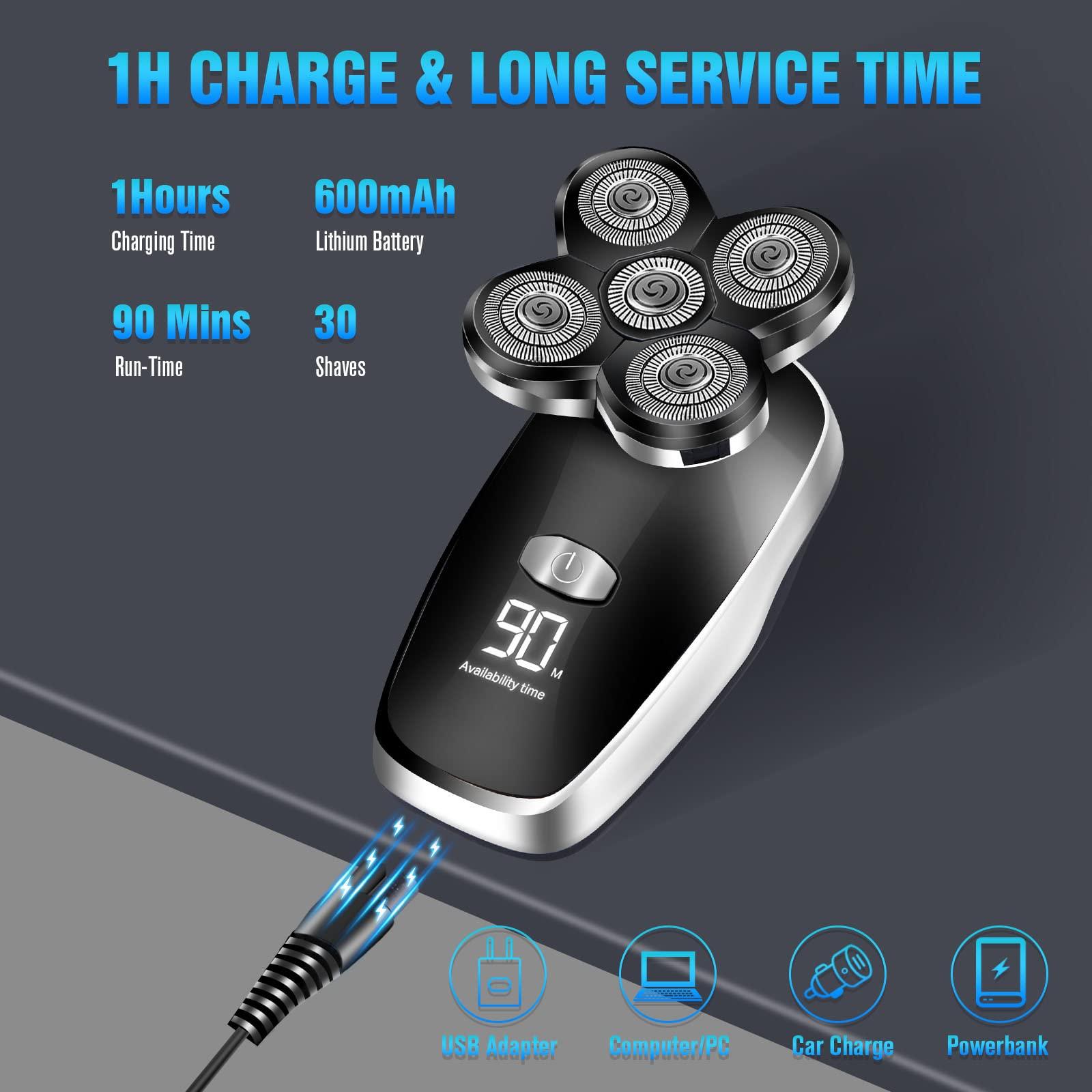 FONDFEEL FONDFEEL Head Shavers for Bald Men,Bald Shavers for Men Cordless Head Razors,5 in 1 Waterproof Wet Dry Electric Bald Head Shaver for Men Face Shaving,USB Rechargeable Rotary Shaver Facial Head Hair