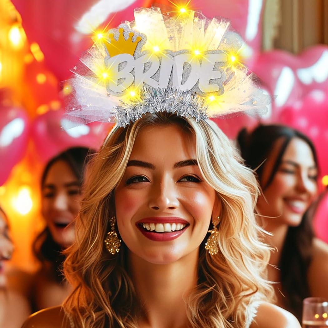 JEAIRTS JEAIRTS Light Up Bride Veil Headband LED Wedding Star Veil Crown Headpiece Glowing Bachelorette Party Hair Accessories for Women(1-Crown)
