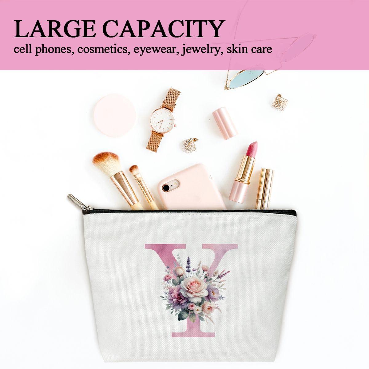 LONLONBANG Initial Personalized Makeup Bag, Monogram Letter V Makeup Bags For Women, 1 Pack Boho Cosmetic Travel Toiletry Bag, Birthday Gifts For Girls Daughter Teens Wife Bride Friend Bestie Sister - L673