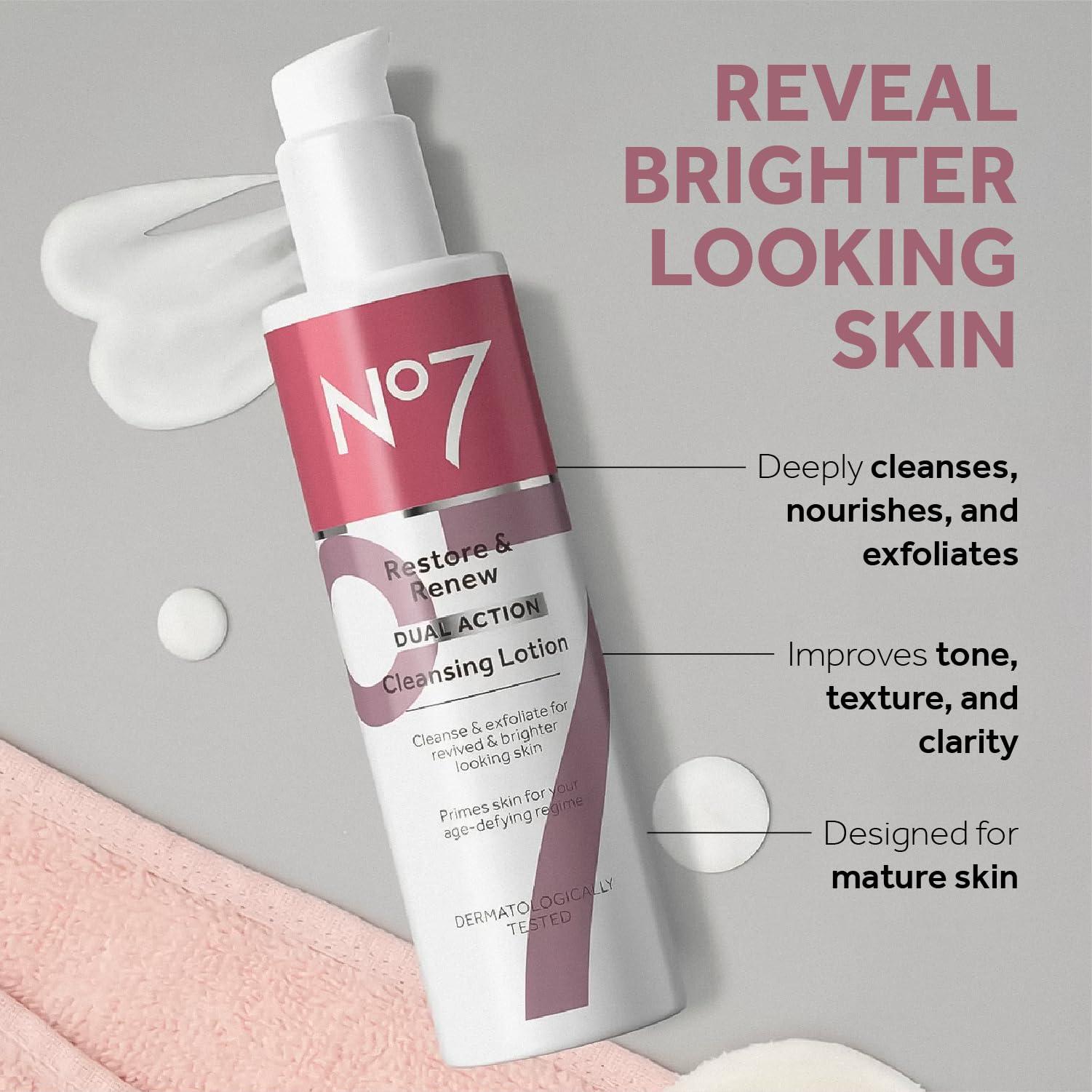No.7 No.7 No7 Restore & Renew Dual Action Cleansing Lotion - Facial Cleanser & Exfoliant with Alpha Hydroxy Acid - Cleansing Lotion Makeup Remover for Anti Aging