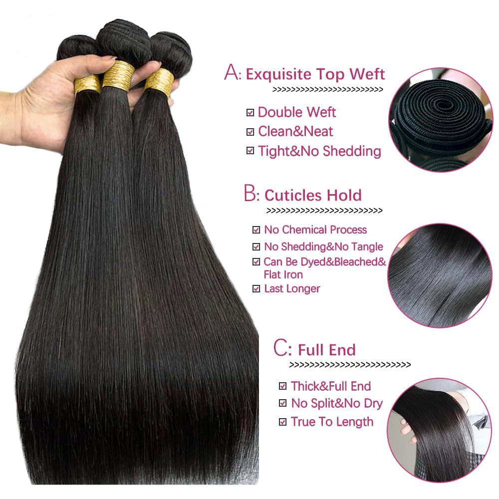 Topnormantic Topnormantic Straight Bundles with Frontal Human Hair (14 16 18+14) 12A Grade Brazilian Human Hair 3 Hair Bundles with 13x4 Lace Frontal Free Part 100% Unprocessed Virgin Hair Straight Weave