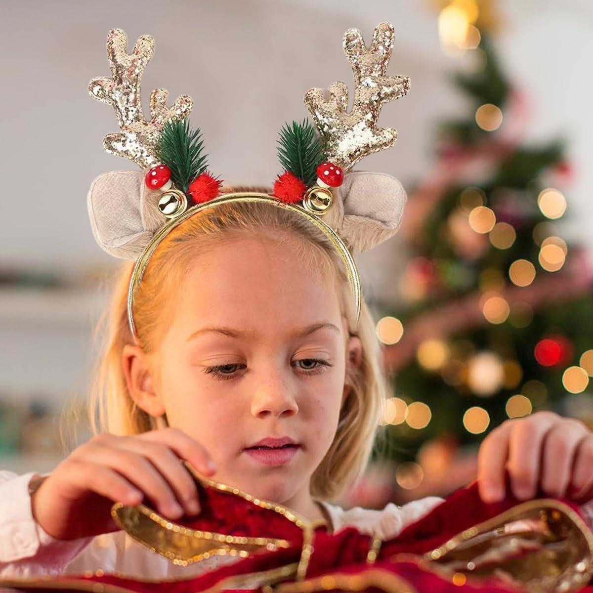 SARATA SARATA Christmas Headbands for Women Glitter Powder Bell Hair Hoop Elk Hair Band Reindeer Antlers Headband Women Girls Hair Access Headdress for Party 1PCS (Golden)