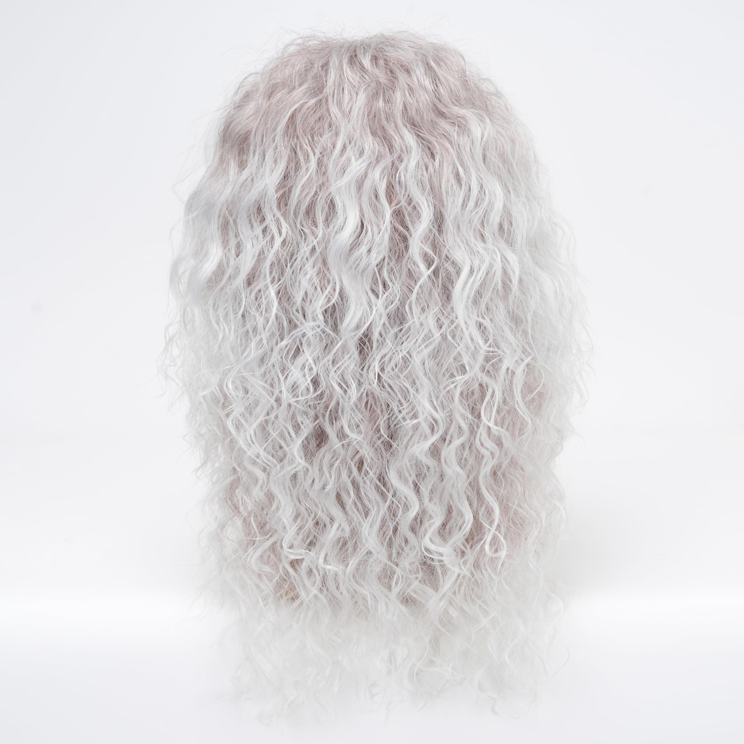 Sabosi Mens 80s Style Wigs Long Curly Silver Gradient Brown Mullet Party Wig Glam Rock-Rocker Wig for Halloween, Cosplay Costume Party