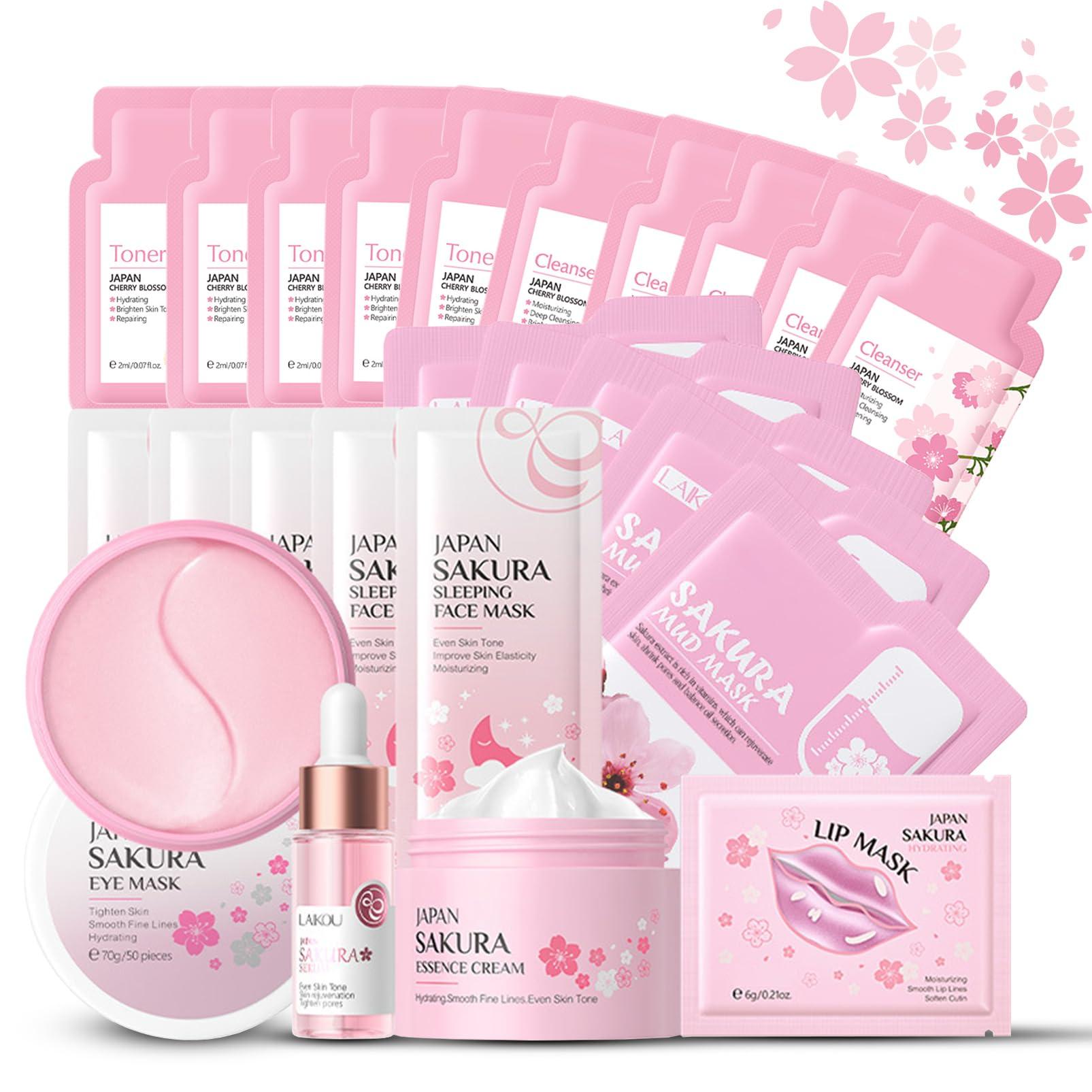 ISHERBIN Skincare Set for Teenage Girls, Japan-Sakura Skin Care Products Set, Skin Care Sets & Kits, Cleanser, Toner, Serum, Cream, Sleep Mask,Eye Mask,Mud Mask,Lip Mask Beauty Products Daily Face Care 24PCS
