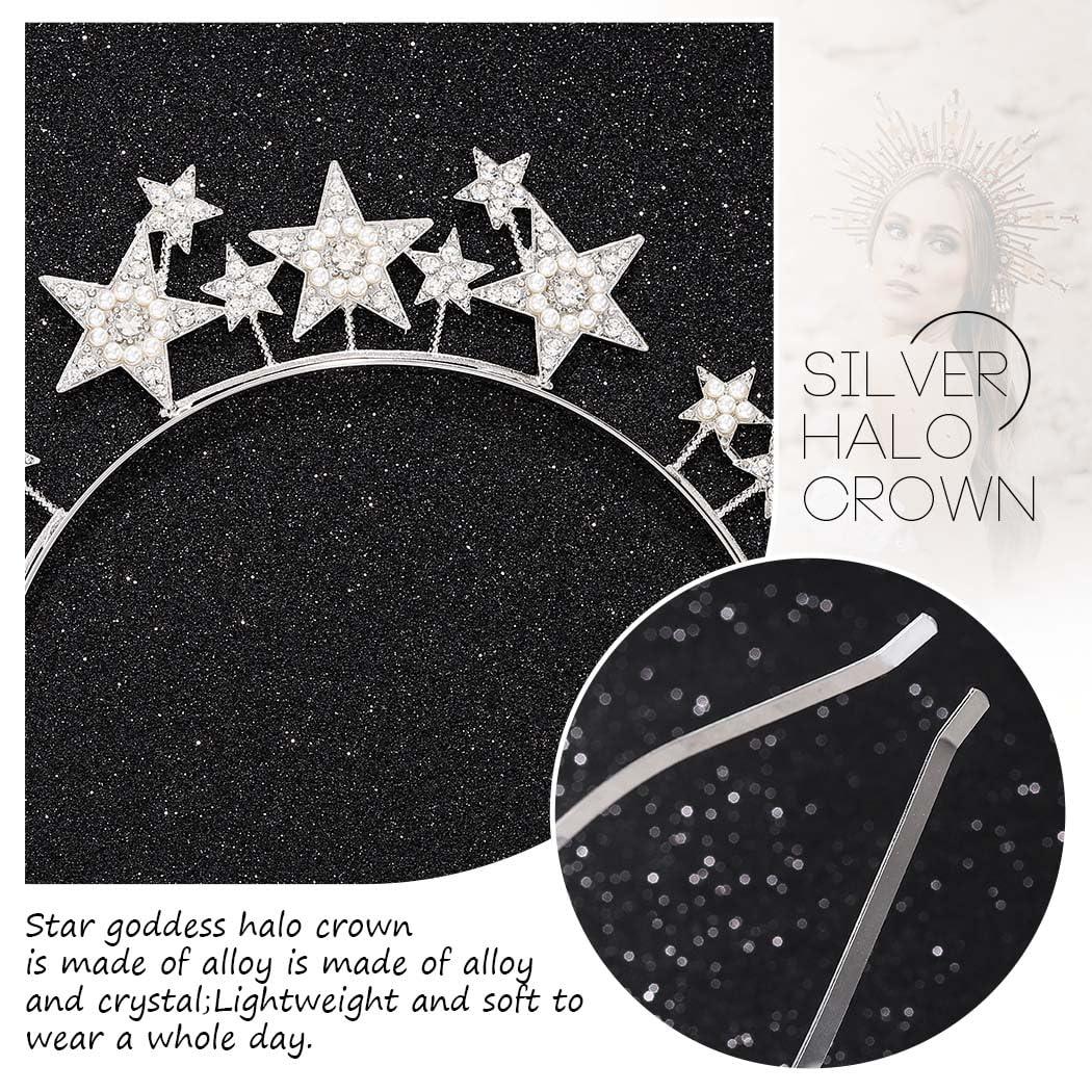 CAKURE CAKURE Star Halo Crown Headband Silver Rhinestone Celestial Wedding Tiaras Crystal Mary Headpiece Party Wedding Hair Accessories for Women and Girls