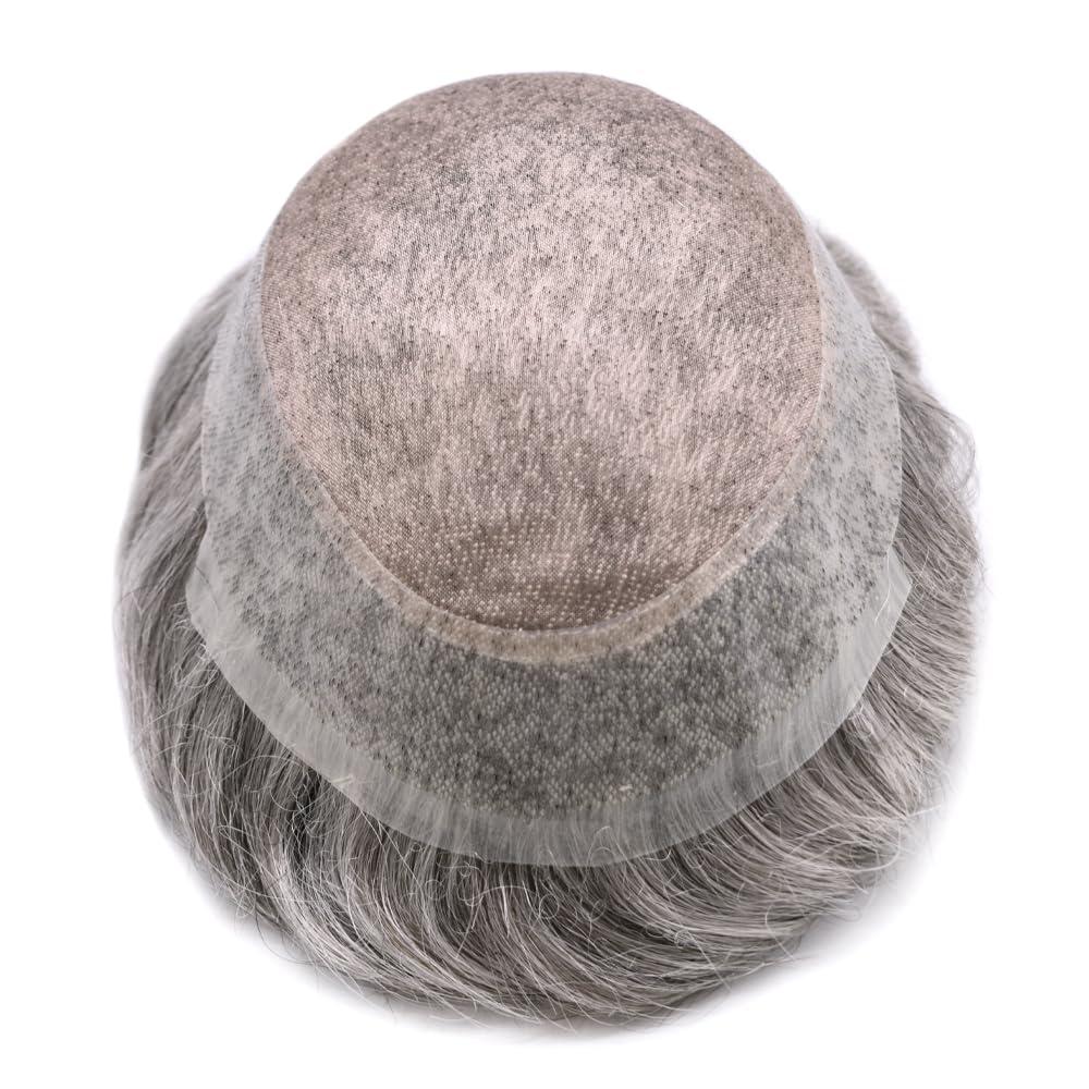 LYRICAL HAIR Toupee for Men Hair System Replacement Mens Human Hair Piece Fine Mono Mens Toupee Clear Poly Skin Around Hairpiece Monofilament Wig 6\"X8\" #1B80 Off Black+80% Gray-110% Light to Medium Density