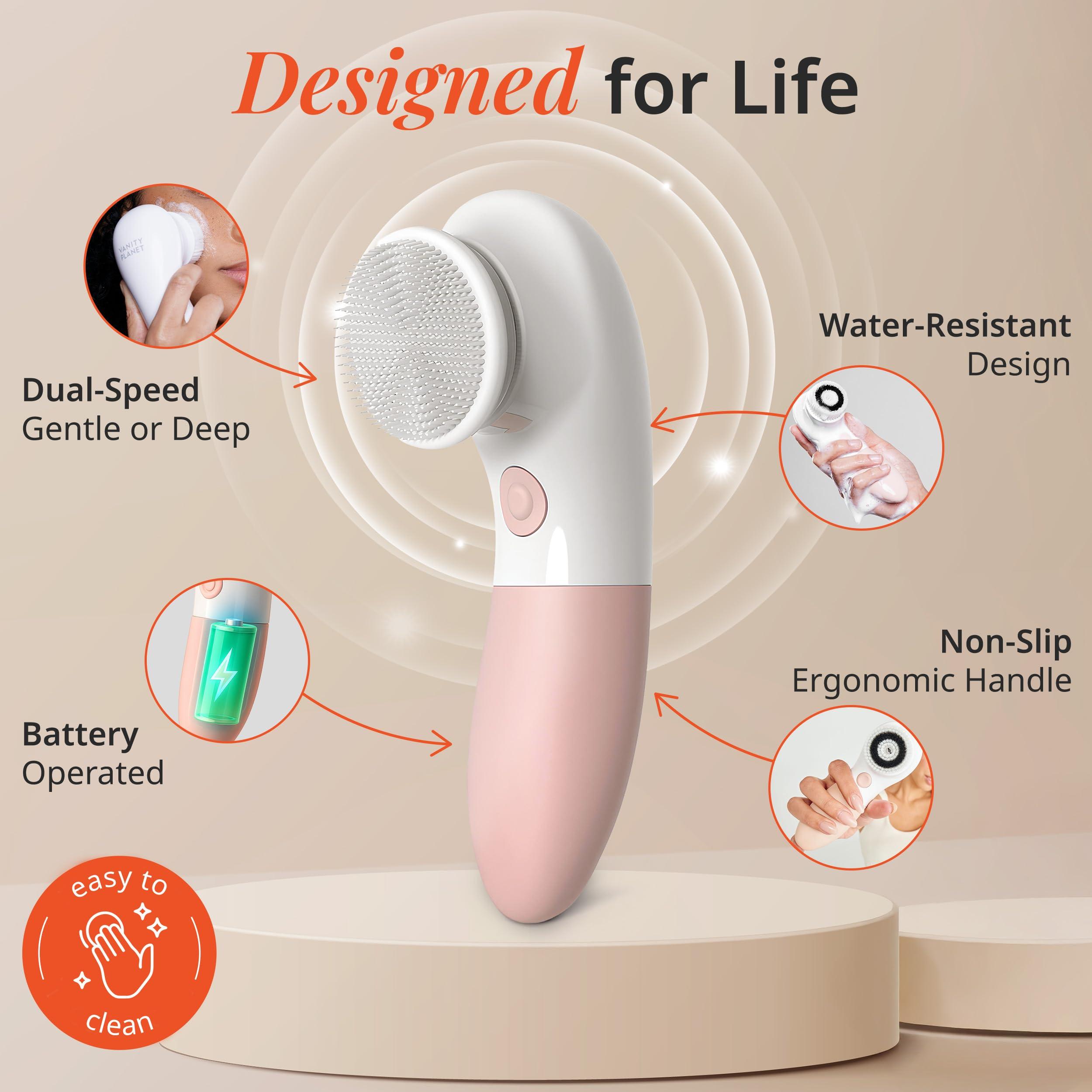 Vanity Planet Raedia Daily Facial Cleansing Brush with 4 Interchangeable Brush Heads by Vanity Planet - Handheld, Lightweight for Glowing Skin - Water Resistant Face Exfoliator - Dusty Pink