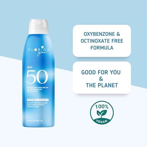 Florida Salt Scrubs Florida Glow SPF 50 Sunscreen Spray - Hawaii 104 Reef Act & Florida Keys Compliant, Broad Spectrum, Water Resistant Sport Sun screen - Child Friendly PABA-Free & Oxybenzone Free (5.5 Fl Oz 1-Pack)