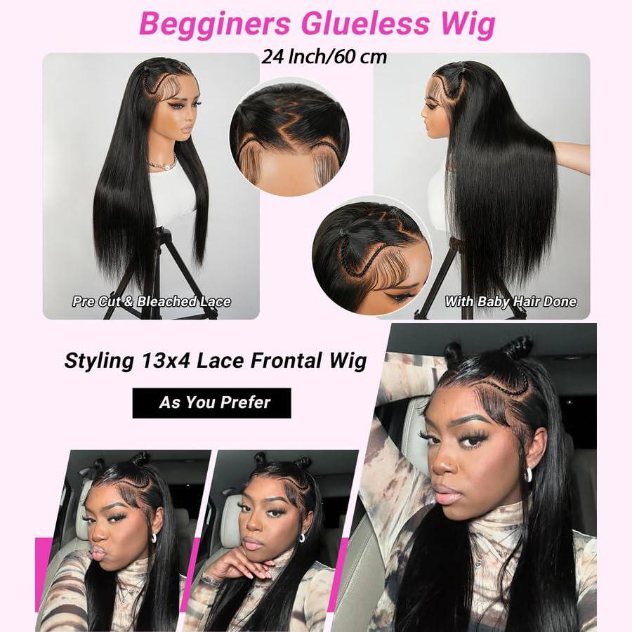 Ali Pearl Alipearl Hair Pre Styled Straight Wig 13x4 Glueless Ready to Go Lace Frontal Wig Human Hair Wigs Pre cut Pre Plucked Pre Bleached Beginners Glueless Wig 180% Density 16 Inch
