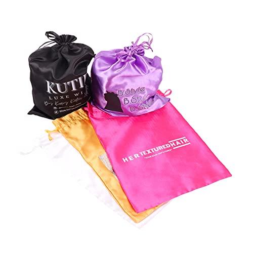 Ecojunmi Custom Printed Wig Storage Satin Bags with Drawstring, 20-100 Pcs/Lot Personalized Logo Silk Hair Bag For Hair Bundles Headband Wig Lace Wig, Pouches Gift Bags Cosmetic Bags (50Pcs/Lot, White)