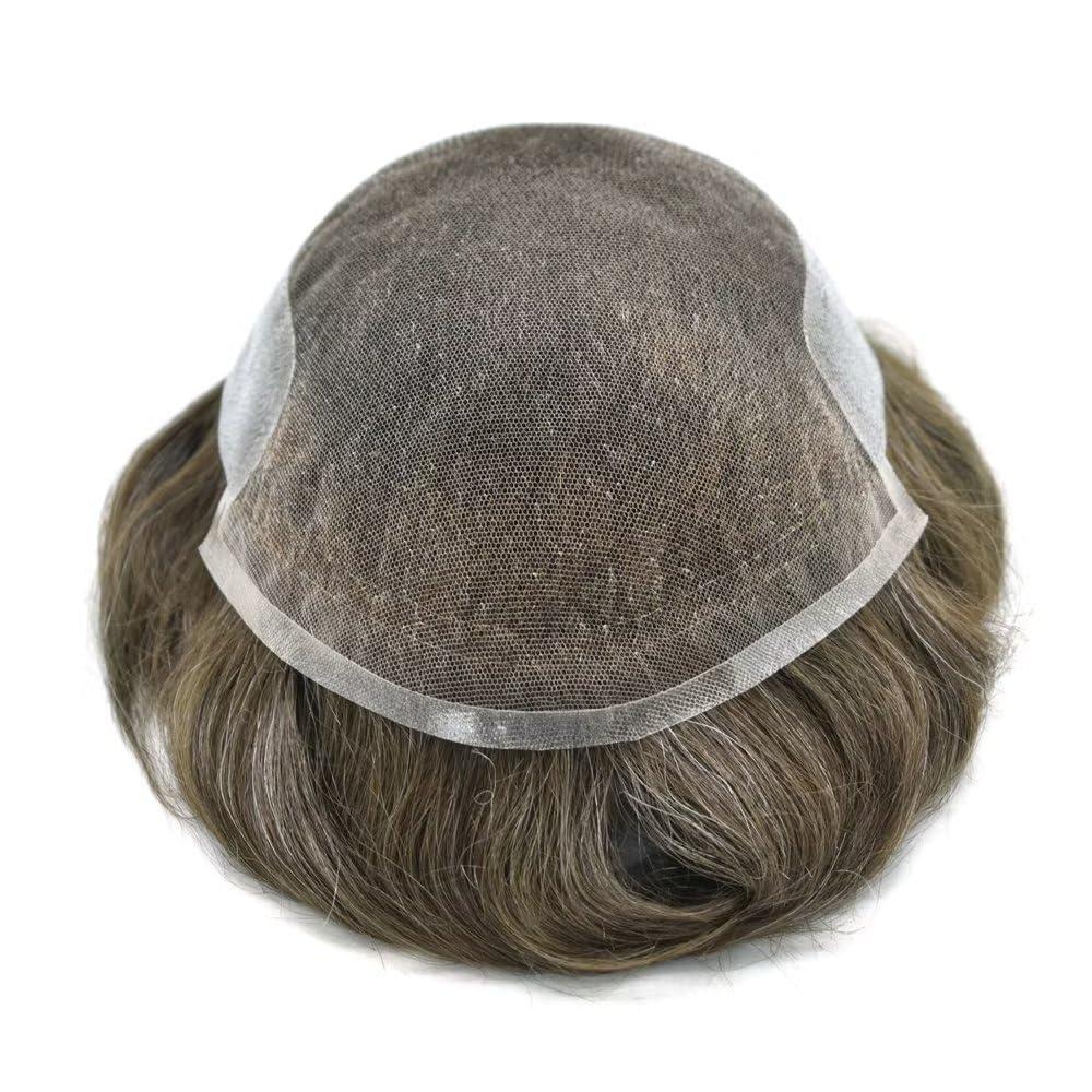 JUST HAIR French Lace Front Mens Toupee European Human Hair Piece Bleached Knots Natural Hairline Men Hair System Toupee for Men Hair Prostesis8X10\"-100% density#540 Medium Light Brown+40% Gray