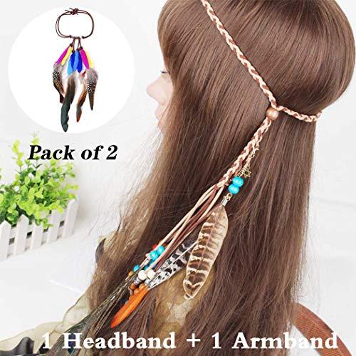 Barode Barode Boho Peacock Feather Headband and Armband Hippie Tassel Hairband Indiana Headdress Party Prom Decoration Hair Accessories for Women and Girls(set of 2) (Beige)