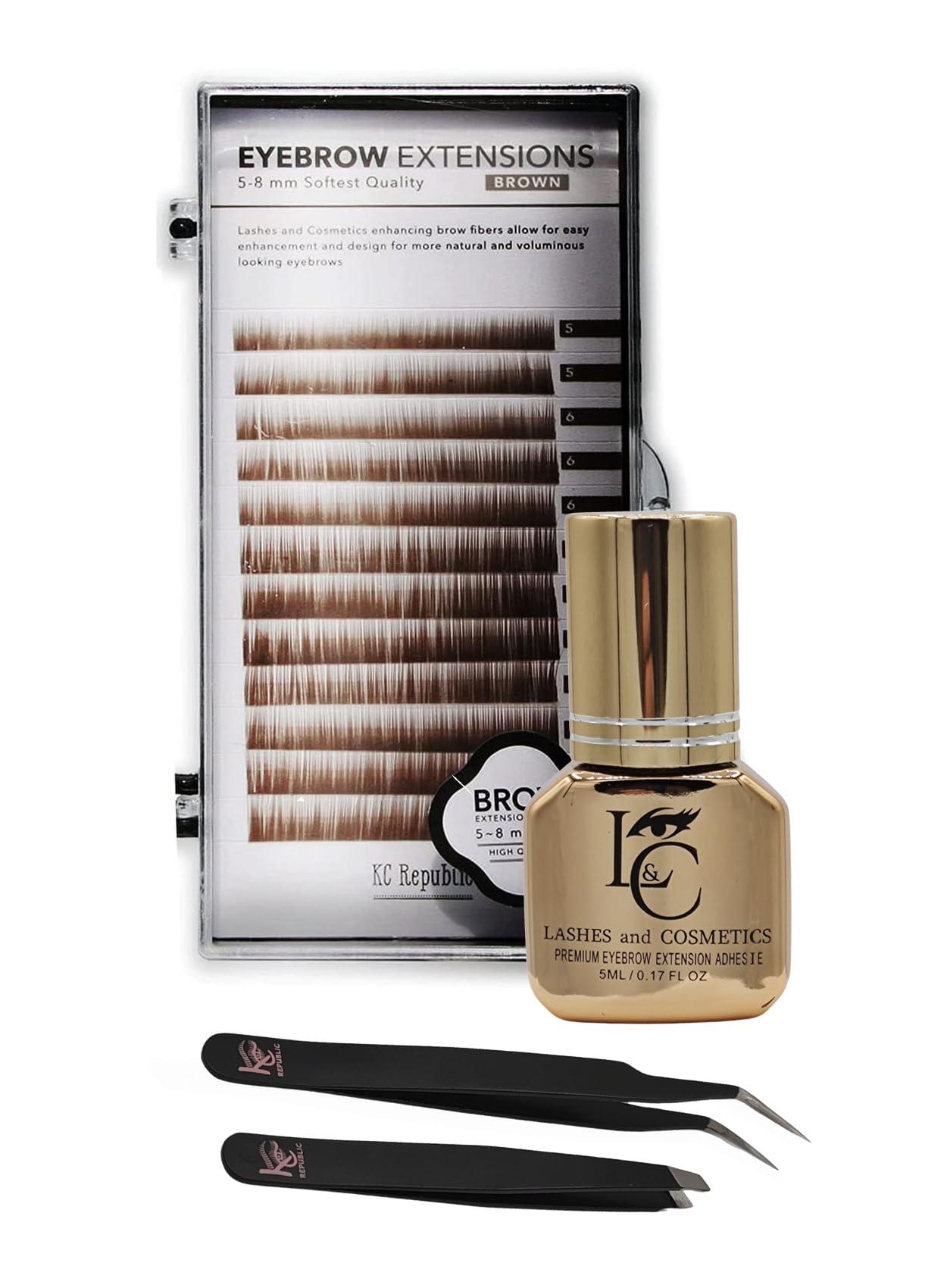 KC Republic Eyebrow Extensions Premium Kit with 1 x Trays of Mink Eyebrows in Brown Comes on Mixed Length Trays 5-8 Mm Mix, Eyebrow Premium Glue Clear & Dual Pack (Straight & Curved Tip) Extension Tweezers