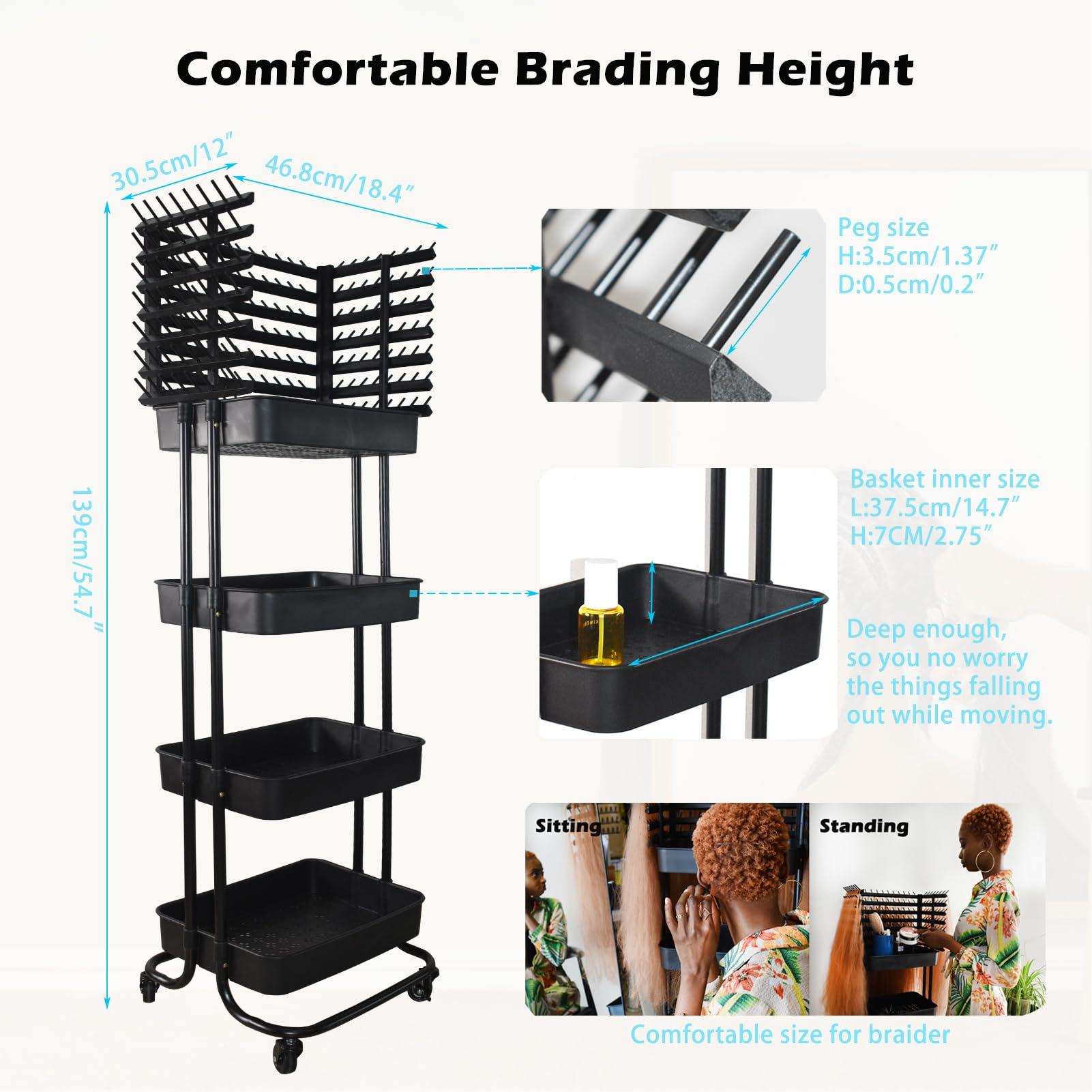 ICCTUO Braiding Hair Rack with 196 Pegs, Hair Extension Holder with 4 Tiers Storage Cart, Classical Black Braiding Rack Stand for Hair Braider, Sturdy Hair Rack for Salon, Home, Braiding School