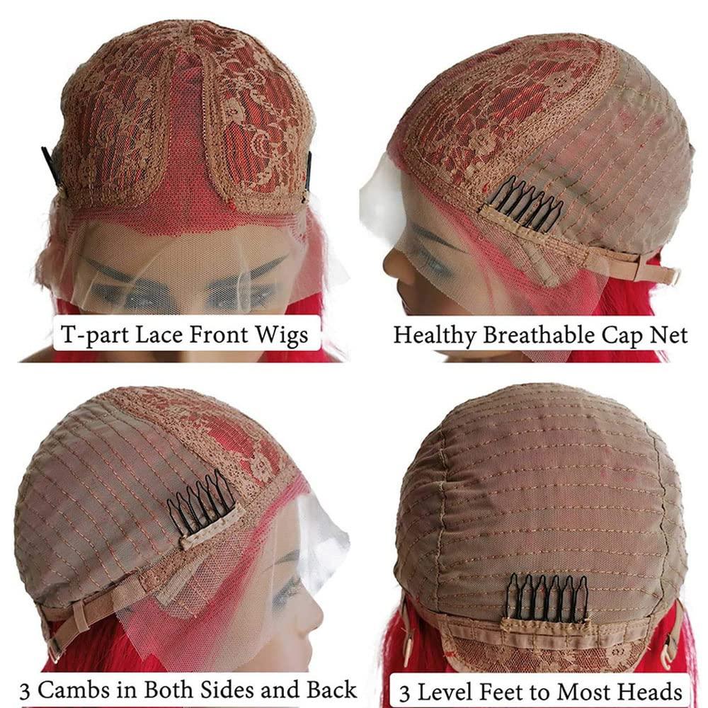 SUNFA Red Bob Lace Front Wigs Human Hair Pre-Plucked Short Cut Bob Wigs for Black Women Bleach Knots Middle Part with Baby Hair Glueness Natural Hairline 13X4X1 T Part Bob Lace Front Wigs 8Inch 180% Density