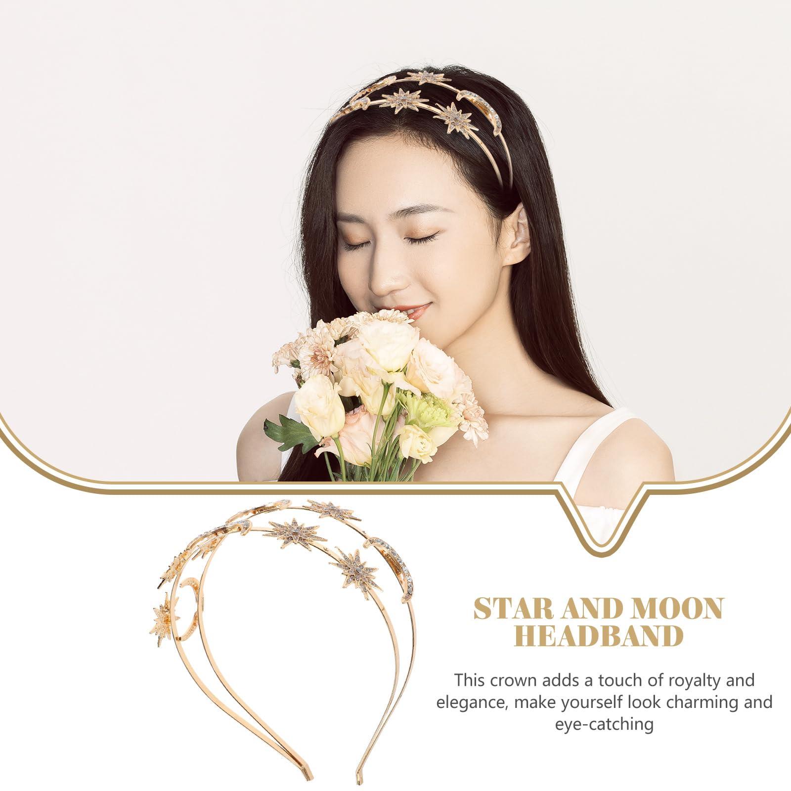 LUOZZY LUOZZY Star and Moon Headband Goddess Crown Headdress Double Layer Rhinestone Headpiece Party Supplies - Golden