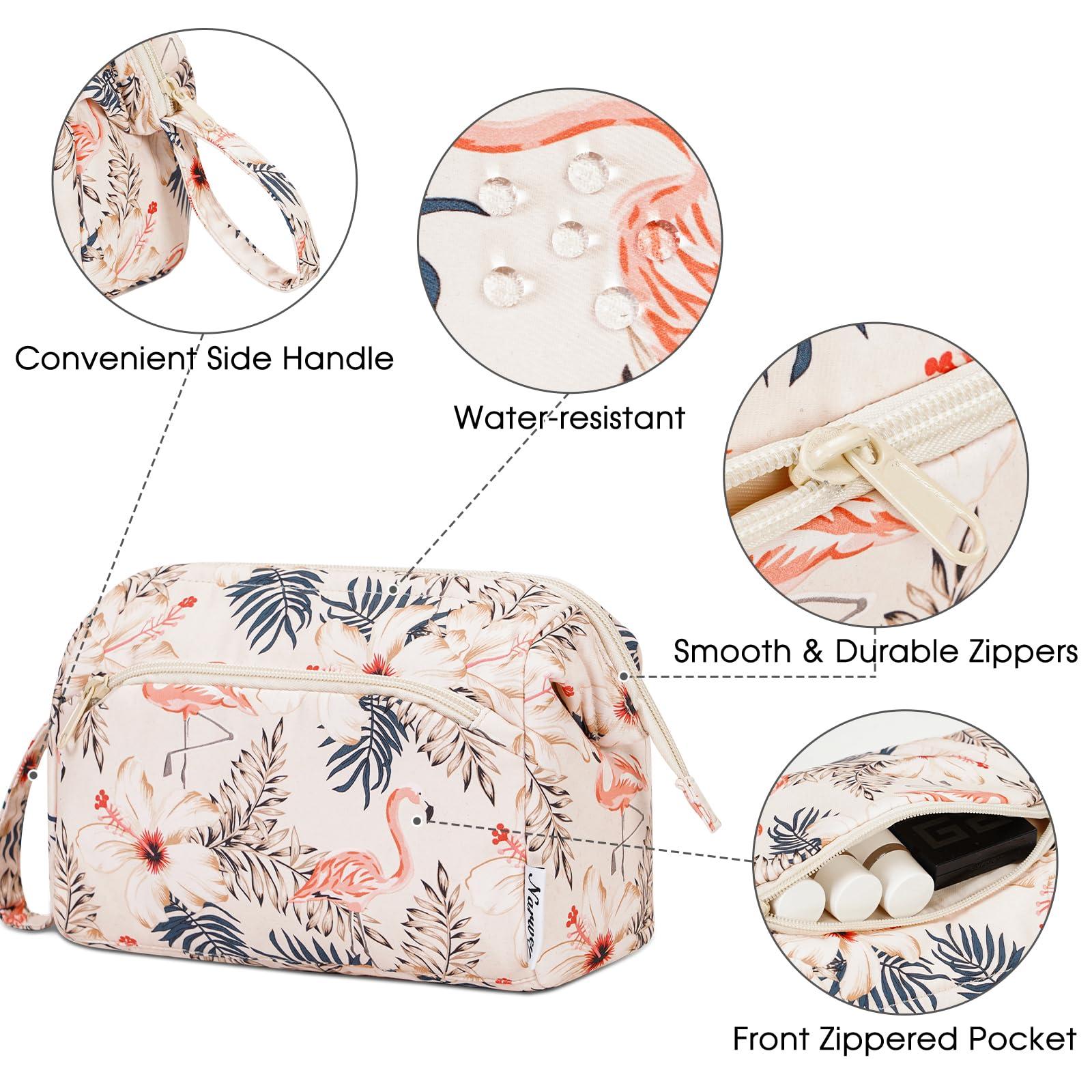 Narwey Narwey Large Women Makeup Bag Wide-open Make up Bag Travel Cosmetic Organizer Toiletry Bag for Cosmetics Toiletries Accessories (Beige Flamingo)