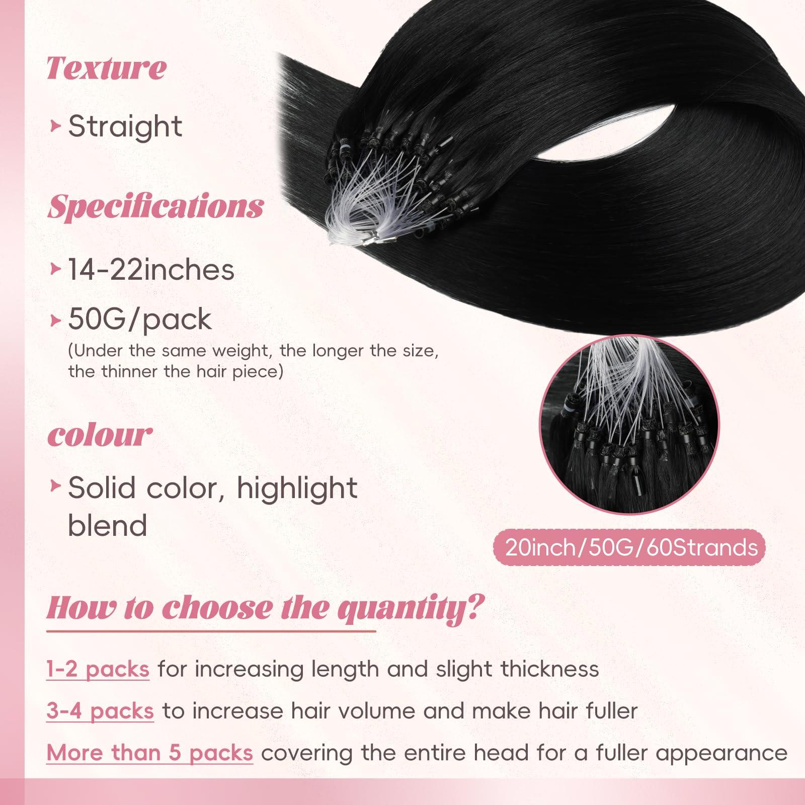 Eliysako Microlink Hair Extensions Human Hair 50g 20inch(#1) Natural Black Micro Link Hair Extensions Human Hair Microbead Hair Extensions Microloop Hair Extensions Human Hair For Women