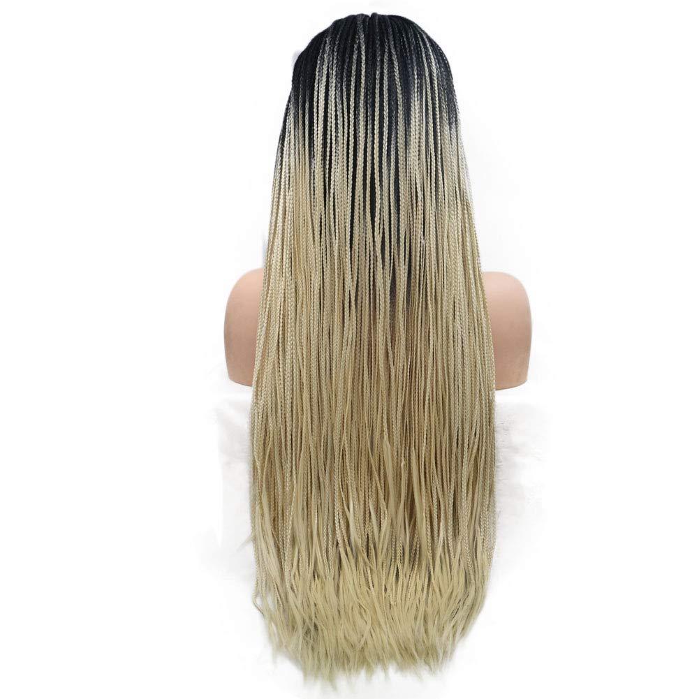 Kalisa Ombre Blonde Wigs Long Braids Lace Front Wigs Synthetic Braided Hairstyle Black to Blonde Color Braided Wigs Hand Tied Heat Resistant Fiber Wigs with Baby Hair