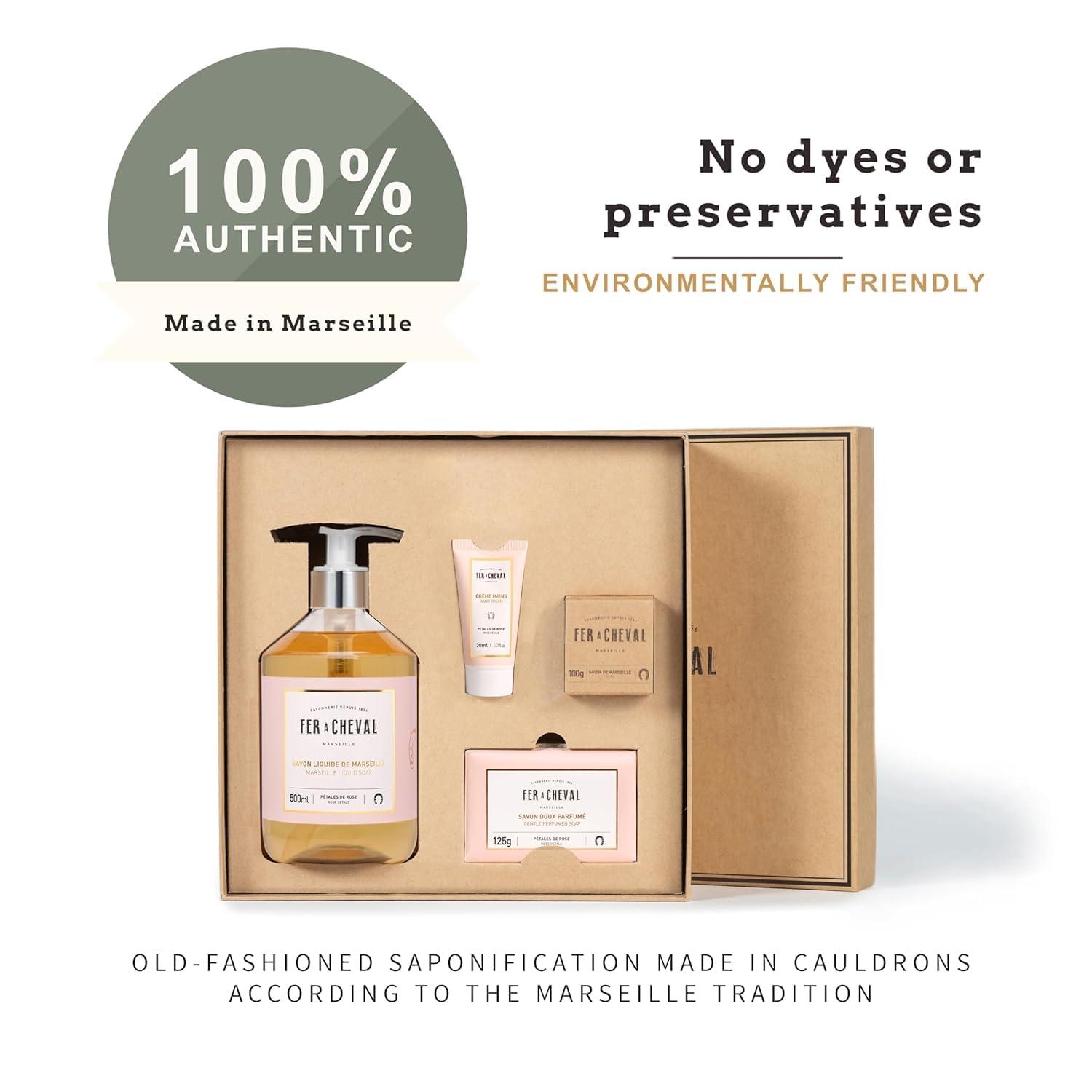 Fer a Cheval Fer Cheval Luxurious Tender Rose Gift Set | Pure Olive Oil Soap 100g/3.53oz, French Hand Cream 30ml/1.01Fl Oz, Moisturizing Bar Soap 125g/4.41oz, Liquid Marseille Soap 500ml/16.9 Fl Oz