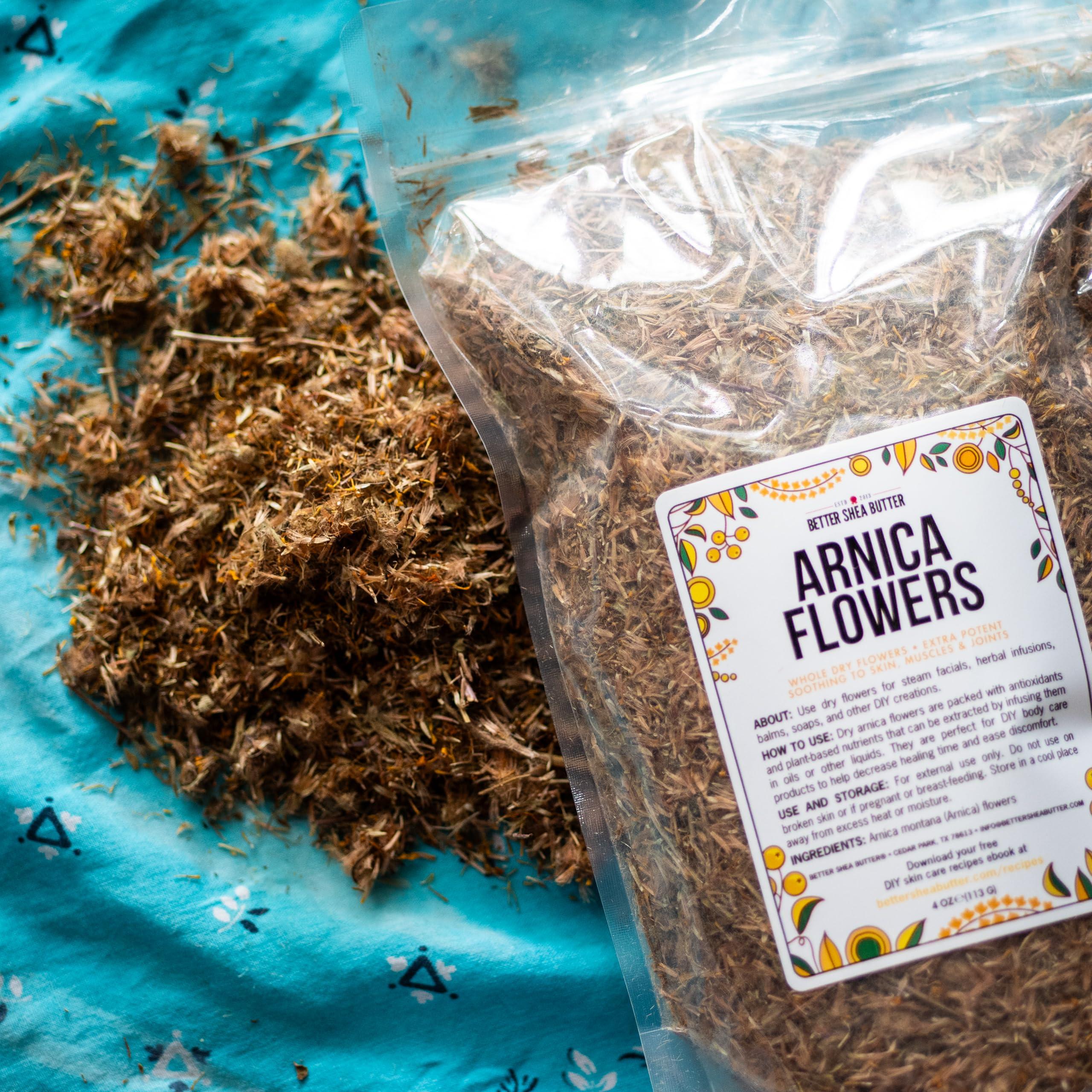Better Shea Butter Arnica Flowers Dried for Making Arnica Tincture, Arnica Infused Oil, Poultices and Salves | 4 oz of Dried Herbs Bulk | Whole Flowers and Herbs in Resealable Pouch