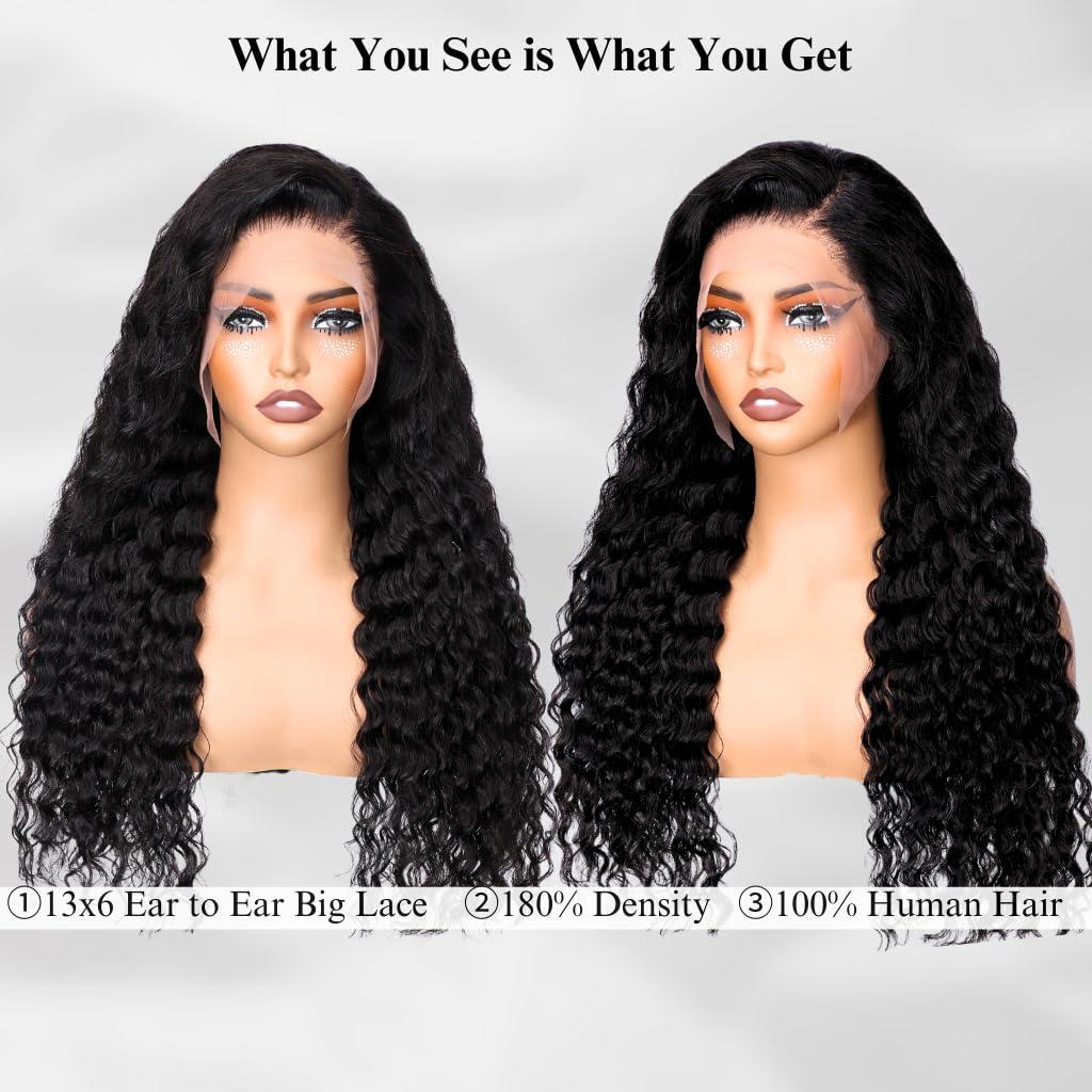 tsiyu tsiyu 26 Inch 13x6 Full Lace Front Wigs Human Hair Pre Plucked Deep Wave 180 Density HD Lace Frontal Wig With Baby Hair Transparent Glueless Deep Curly Human Hair Wigs for Women