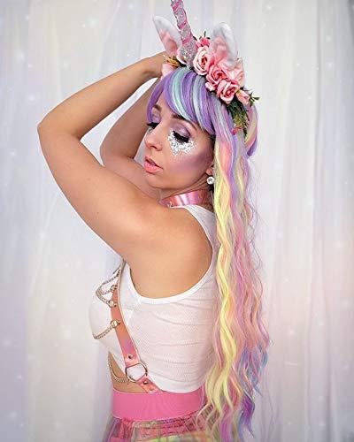 Wiggy Mermaid Colorful Rainbow Wigs with Bangs for Women Pastel Long Wavy Curly Colored Purple Goth Hair Wig for Music Festival, Themed Parties, Halloween, Wedding - 27.5''